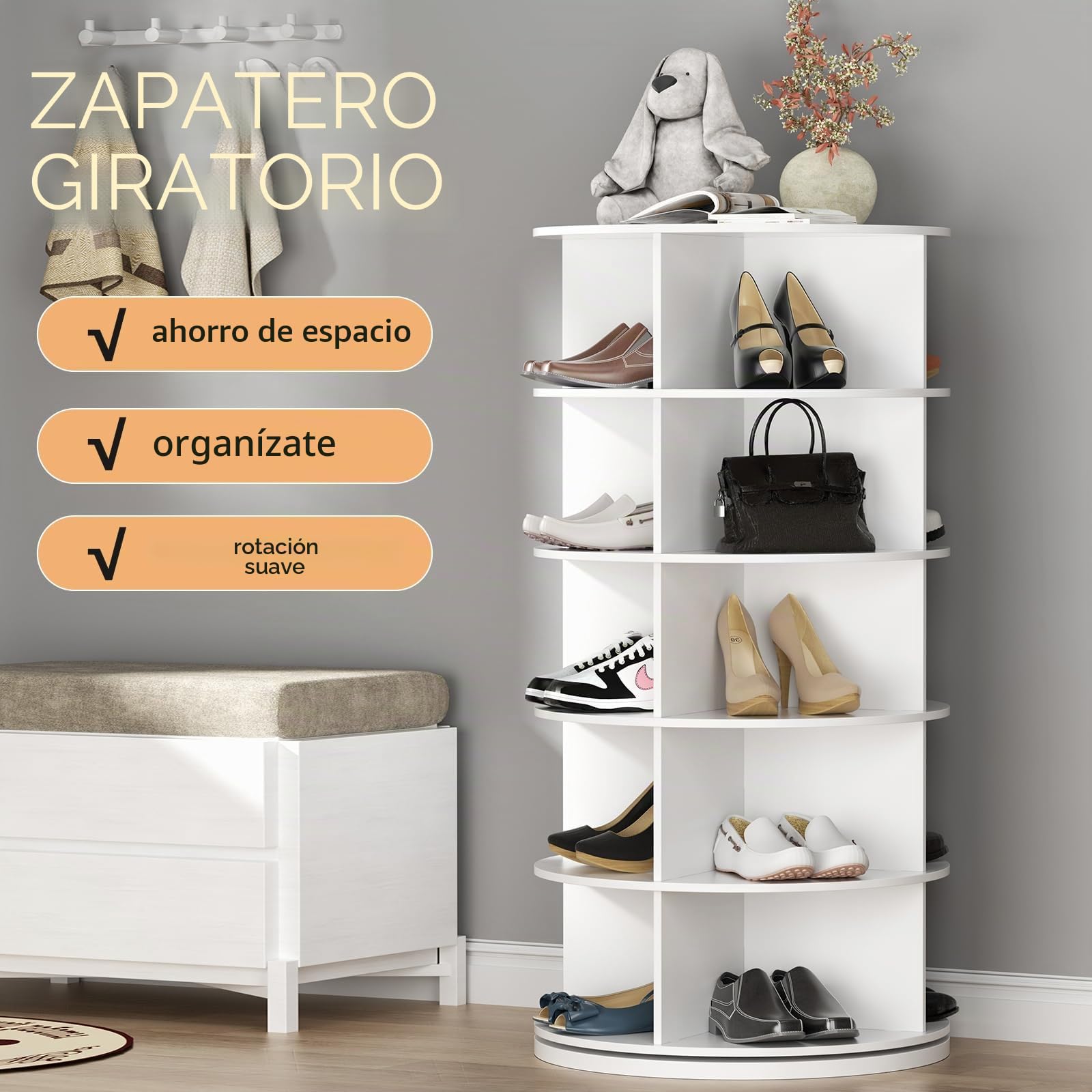 Zapatero Giratorio a 360 Grados, Organisateur de Zapatos Redondo con 6 Niveles, Torre de Zapatos Vertical Salvaspazio Blanco para 24 Pares de Zapatos y Bolsos, Armario Zapatero para Entrada