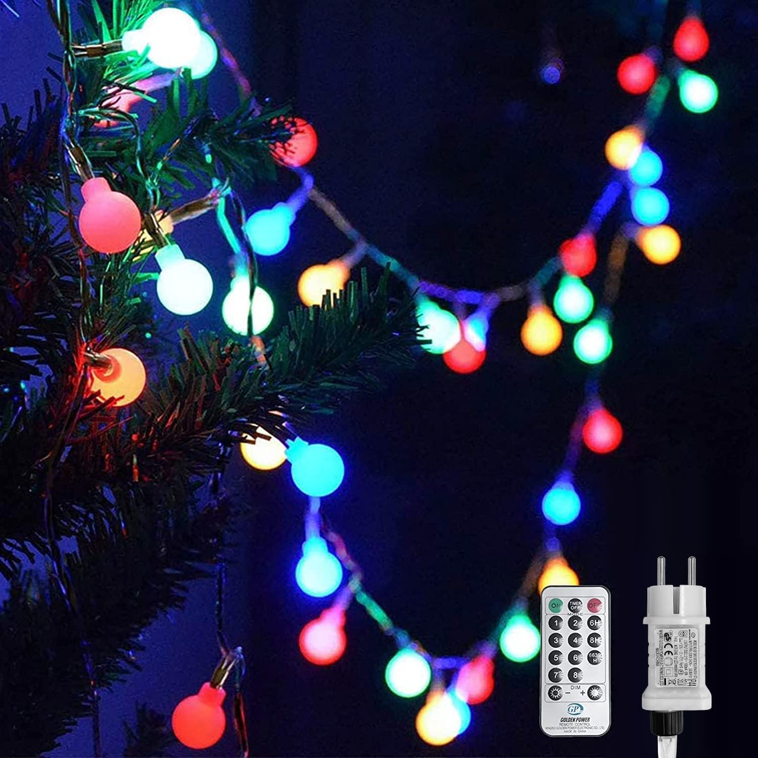 WOWDSGN Cadena de Luces Esféricas de Colores, 20M 200 LED Regulables, Guirnalda de Luces de Fiesta con Enchufe para Interior y Exterior, 8 Modos de Iluminación, Ahorro de Energía, Ideal para Navidad