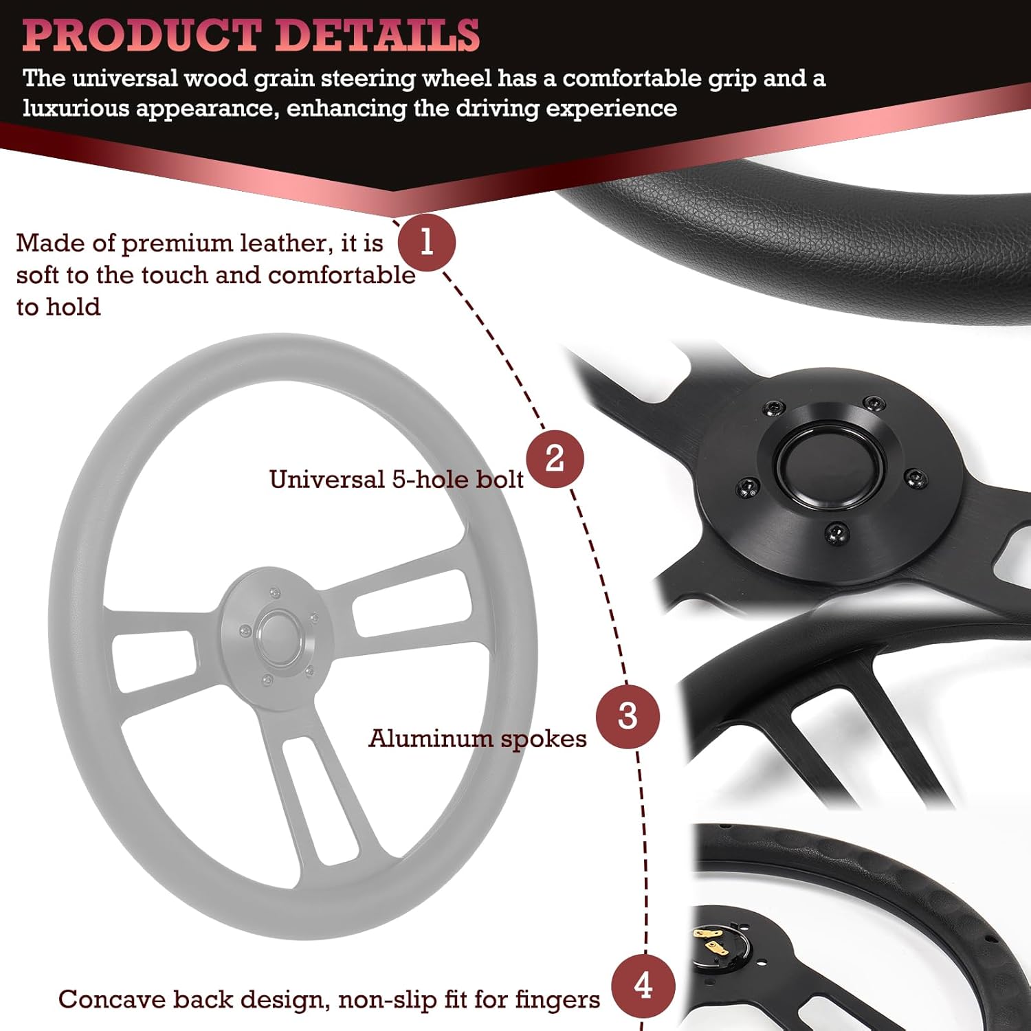 18" Universal Steering Wheel 455mm Black Aluminum Alloy Spokes,PU Leather Grip,5-Bolt for Kenworth,for Peterbilt,for Freightliner,for Volvo–63mm Deep Dish Design Truck Steering Wheel 18inch