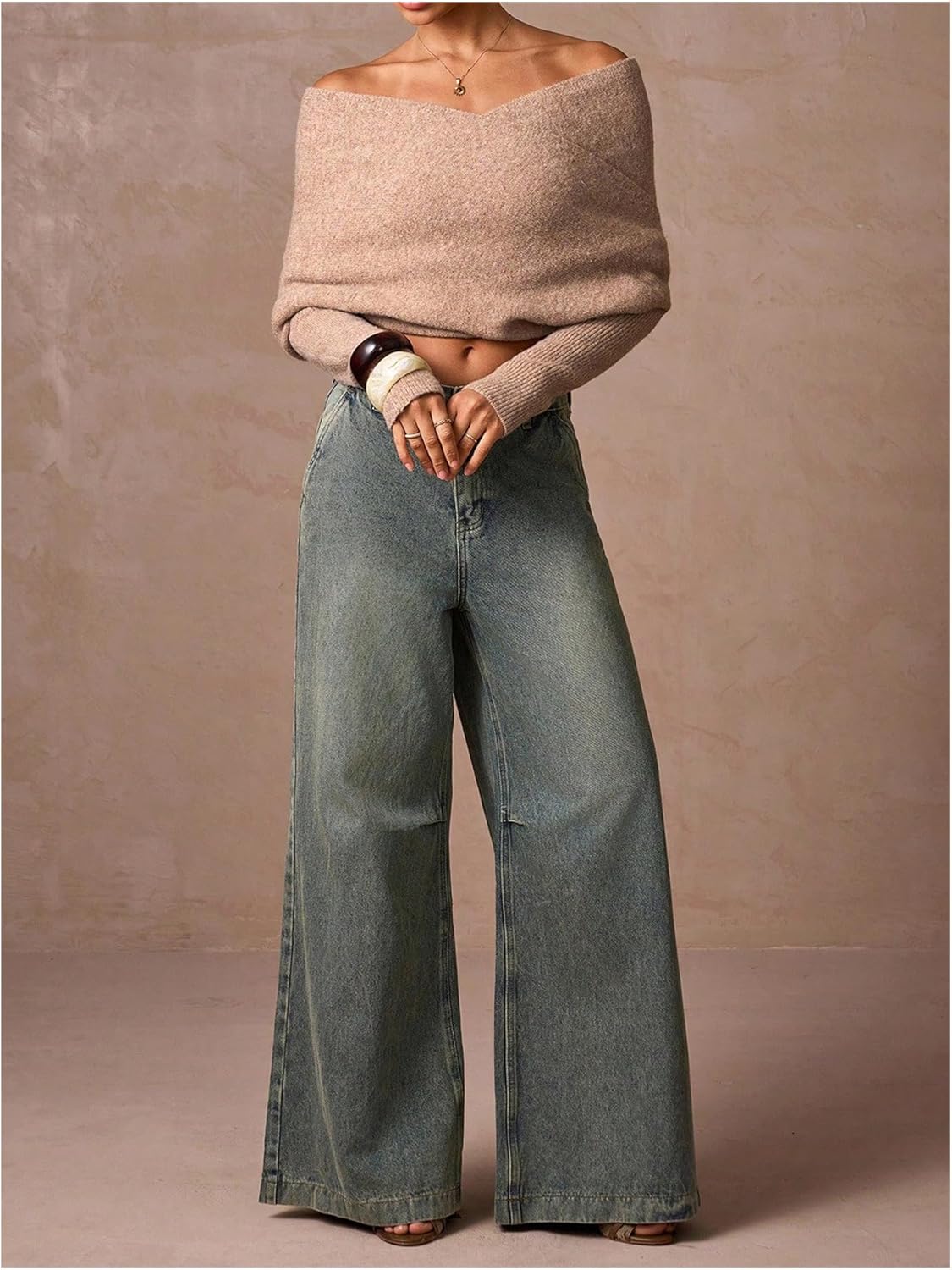 MakeMeChic Women's Off The Shoulder Pullover Sweater Wrap Long Sleeve Knitted Pullover Crop Tops Brown Large - Image 5