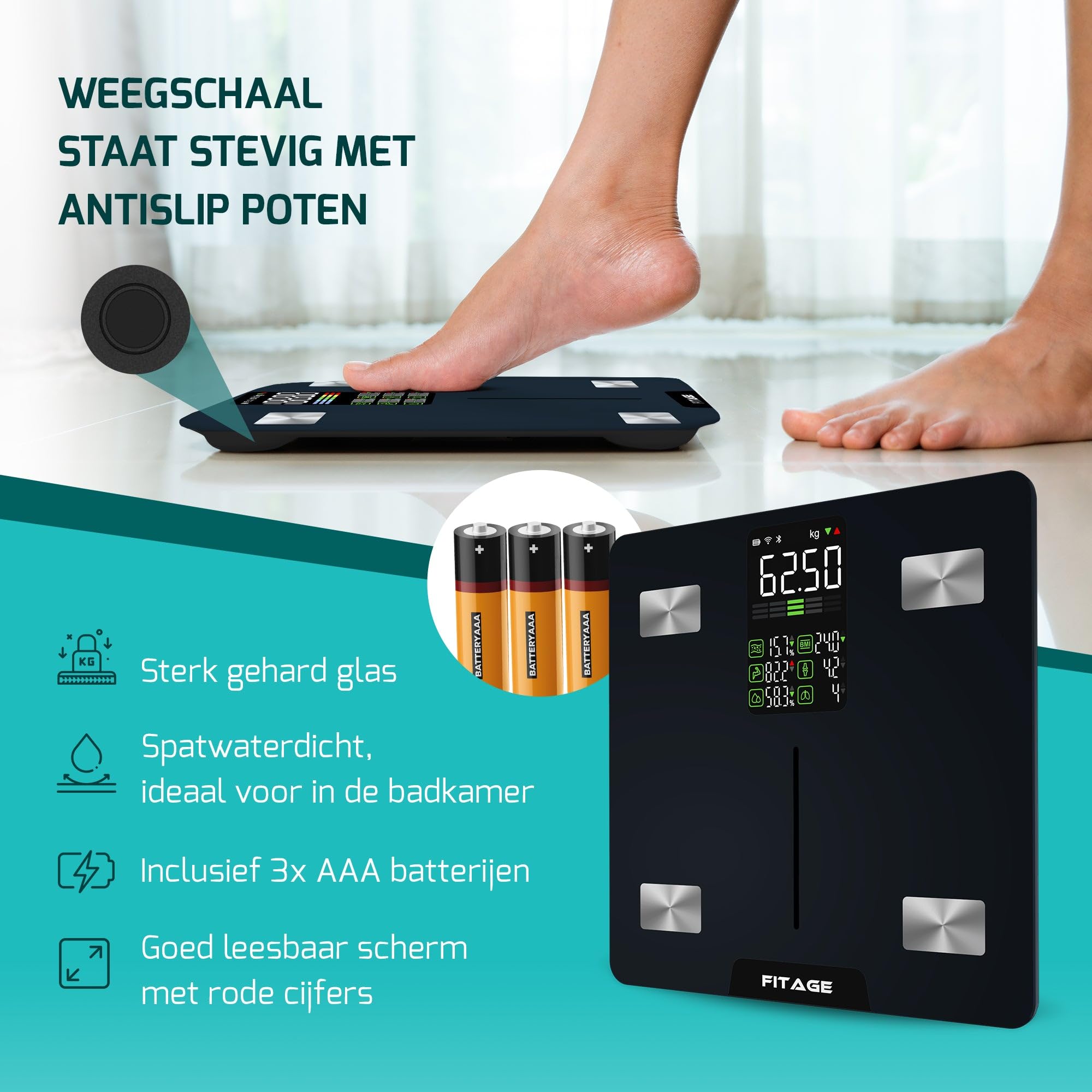 Personenwaage digital Testsieger 2025, Körperwaage bis 225kg, Körperfettwaage mit 17 Körpermesswerten, Körperanalyse mit App, Waage mit Körperfett und Muskelmasse mit großem LED-Display - Schwarz