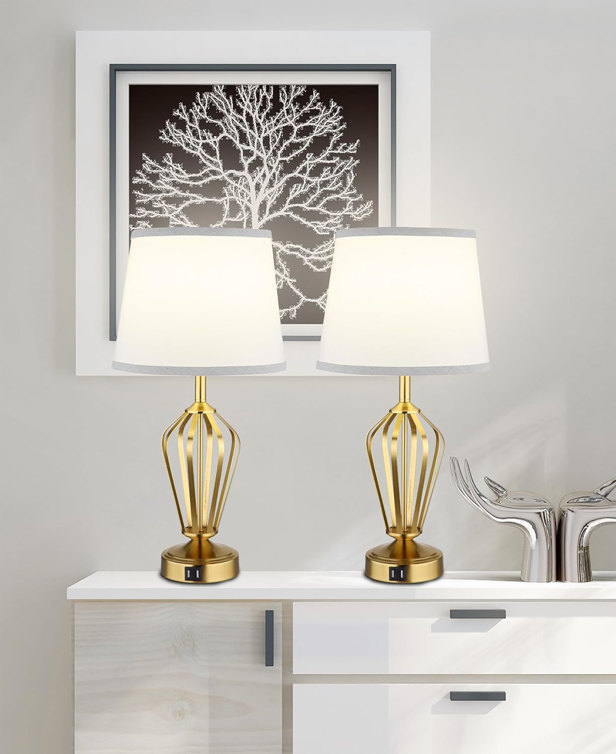 Touch Table Lamps Set of 2, nightstand lamp with USB Ports Bedside 3 Way Touch dimmer Desk lamp for Living Room Bedroom,Gold Plated Spiral cage Base Design Warm White dimmer Bulbs Included.