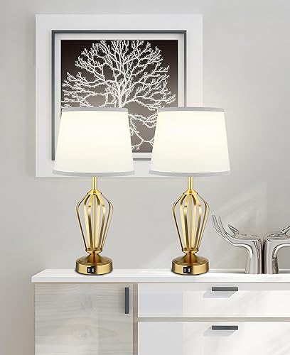 Miniatura 7 de Juego de 2 lámparas de mesa táctiles, lámpara de mesita de noche con puertos USB, lámpara de escritorio con atenuador táctil de 3 vías para sala de