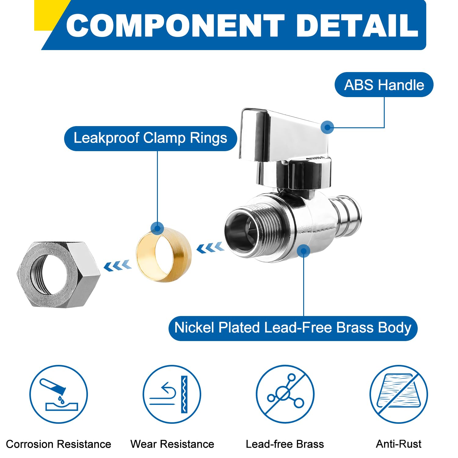Válvula de parada recta de 1/4 de giro, crimpado de 1/2 pulgada Pex F1807 x 3/8 pulgadas OD compresión para inodoros y grifos, latón chapado en níquel sin plomo (paquete de 6)