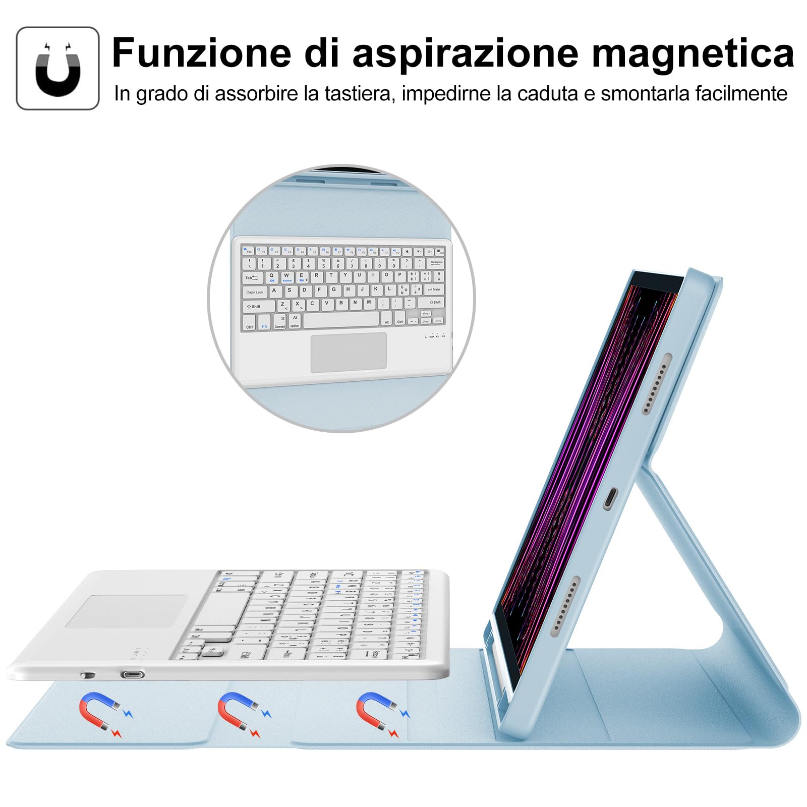 WINCHKING Tastiera per iPad Pro 12.9 con Touchpad, Cover con Tastiera per iPad pro 12.9, Custodia QWERTY Bluetooth Magnetica Keyboard per pro 12.9 pollici 6/5/4/3 Generazione, Azzurro