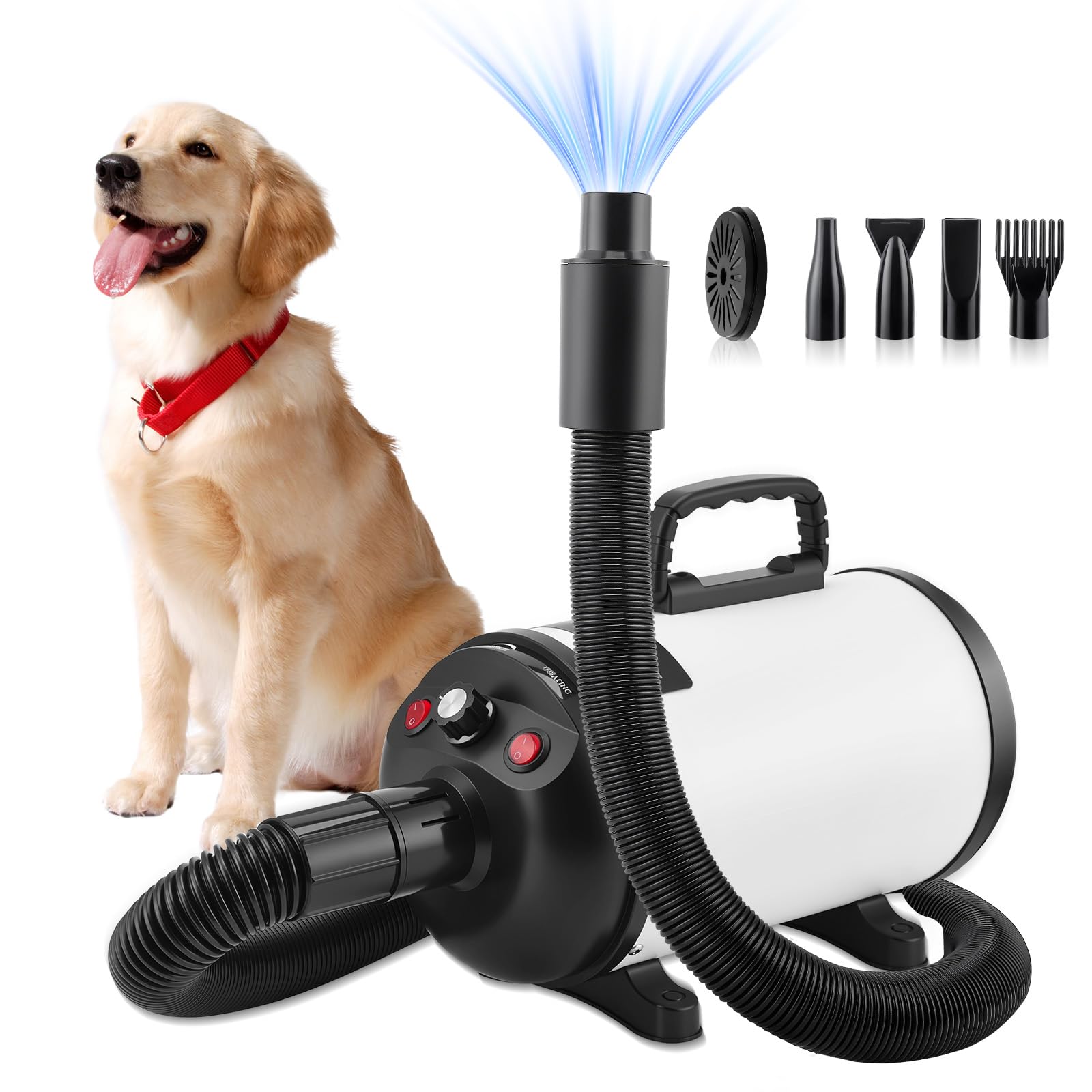 Dog Hair Dryer 3800W/5.2HP, Pet Grooming Hair Dryer with 4 Different Nozzle and 2.5M Hose, DogHair Dryer Blaster Low Noise Adjustable Speed Temperature Control, Pet HairDryer for Dogs and Cats (WHITE)