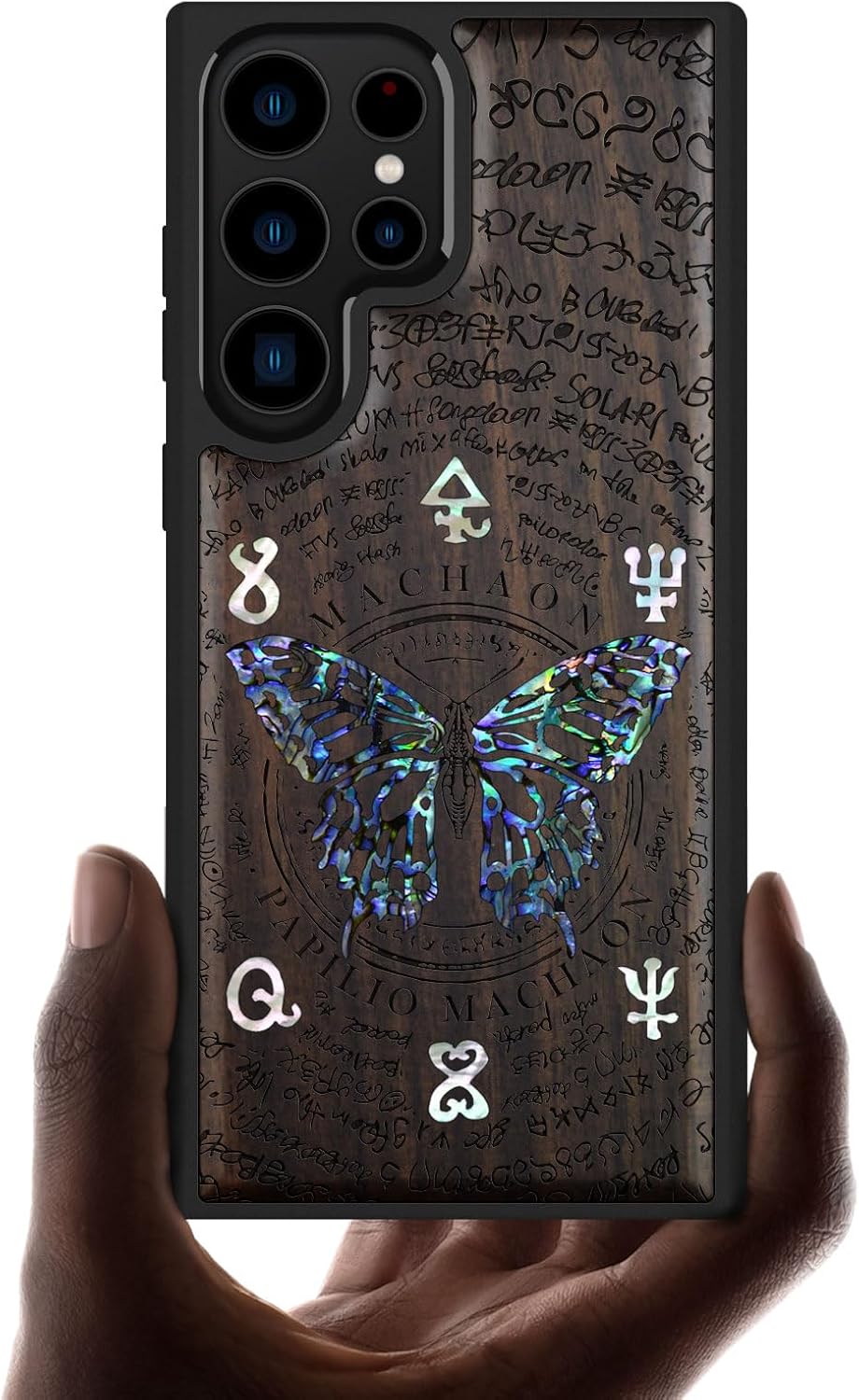 Carveit Designer Wooden Case for Samsung Galaxy S23 Ultra Cover [Wood Engraving & Shell Inlay] Compatible with Wireless Chargers Galaxy S23 Ultra Case (Sami Turtles-Rosy)