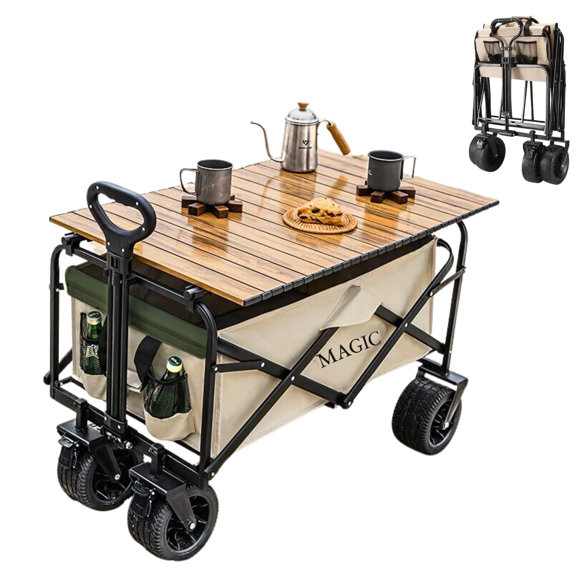 𝗖𝗮𝗿𝗿𝗼 𝗱𝗲 𝗣𝗹𝗮𝘆𝗮 Plegable para Camping, Picnic, etc. Carrito de Mano Convertible en Mesa para Jardín. Carreta de Transporte con Bolsa y Mango Ajustable. Carretilla con Ruedas con Freno.