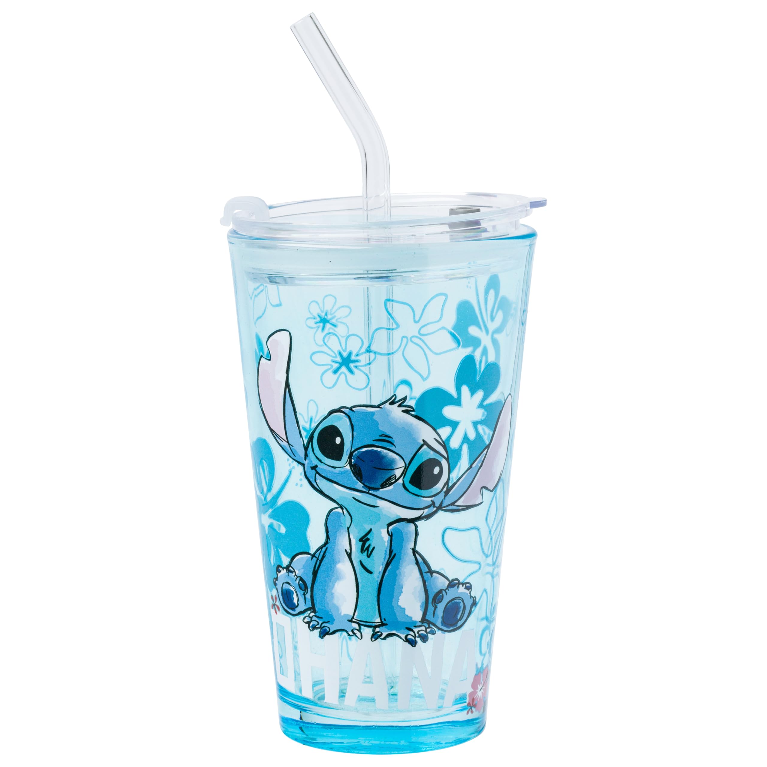 Silver Buffalo Lilo and Stitch Ohana Sitting 16oz Pint Glass w Lid and Glass Straw