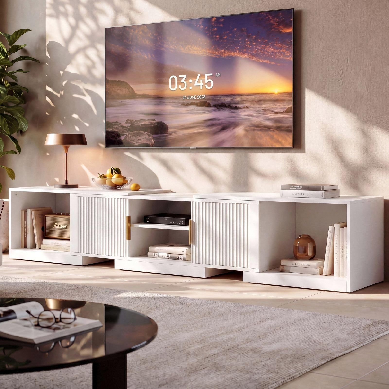 IRONCK TV Schrank Ausziehbar 160–200cm, Lowboard für Fernseher 30-75 Zoll, Drehbar Eck Fernsehschrank Holz, 2 Türen und verstellbaren Stauraum, Modern TV Board Fernsehtisch für Wohnzimmer, Weiß