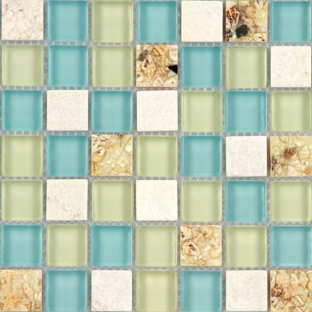 Blасk Frіdау - 40% оƒƒ Wall Tiles White Stone Mosaic Tiles Glass Blue Conch Sea Shell Borders Kitchen Backsplash Materials Beach Style Tile [Pack of 11PCS(11.8x11.8x0.31 Inches/Each)]