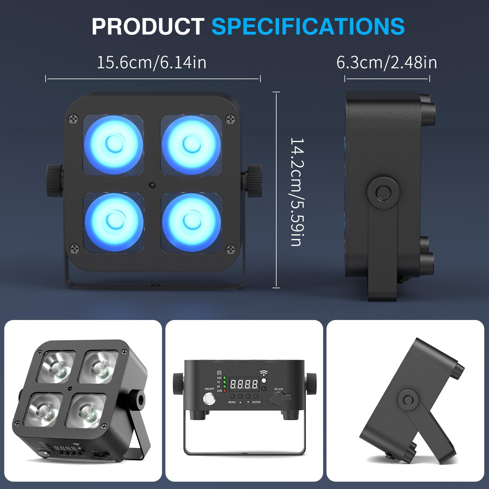 4PCS 100W Par LED Faro Ricaricabile Batteria, 5200mAh RGBWA+UV Luci del Palcoscenico con Telecomando/DMX/APP Luci Discoteca per Feste Discoteca Eventi live Concerti Band
