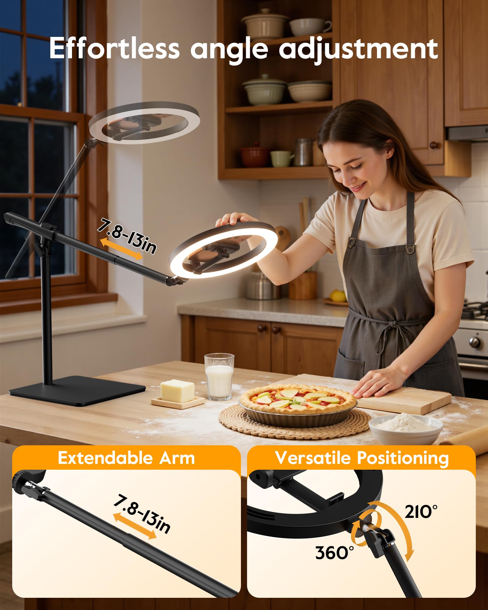 LUXSURE Overhead Treppiede cellulare con luce ad anello per cucina e video alimentari, supporto da tavolo con luce ad anello, anello Light con treppiede per tavolo | anello luce ad anello per cucina e