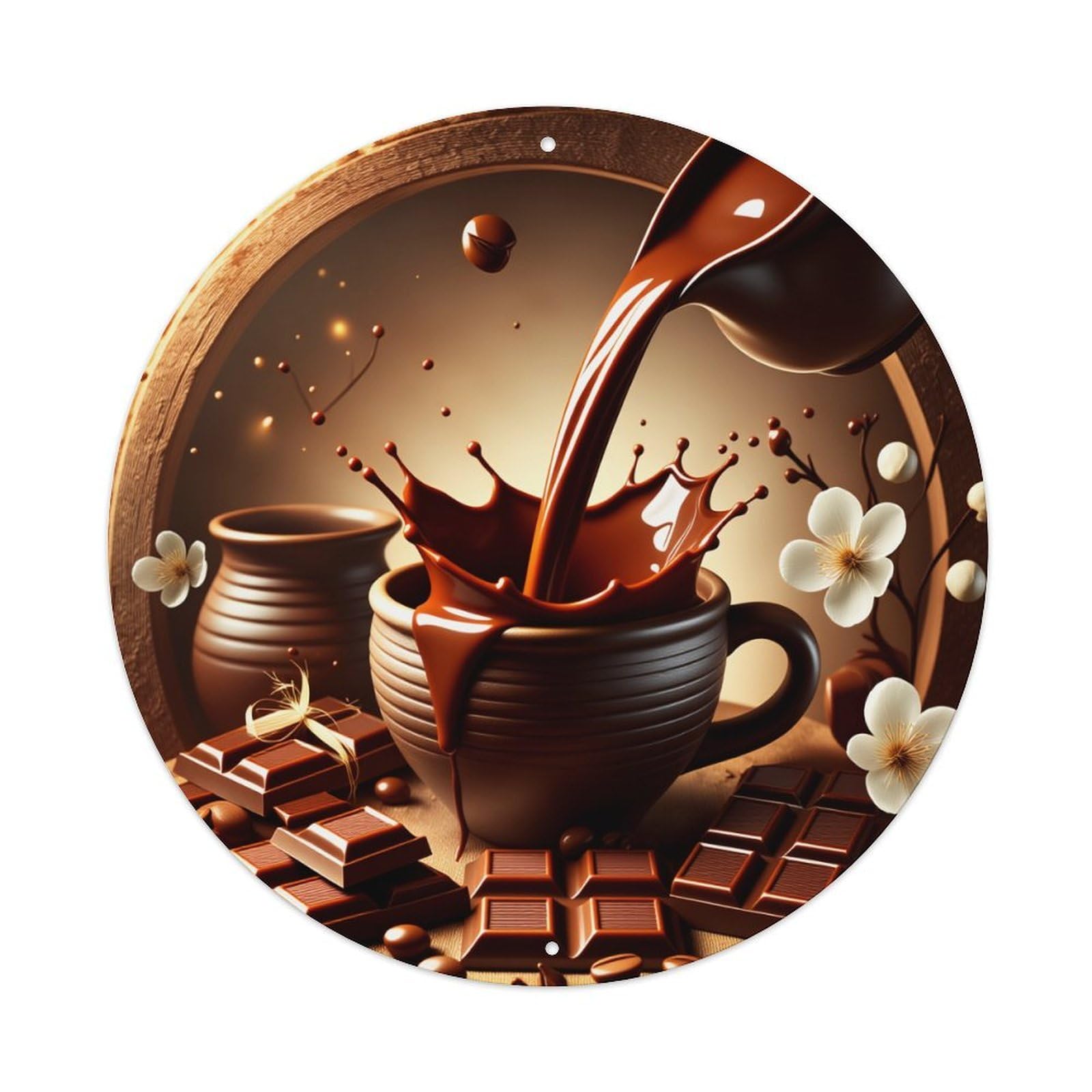Chocolate Pouring Into Cup With Flowers Round Tin Sign Vintage Metal Poster Retro Bar, Home, Man Cave, Kitchen, Laundry Room Wall Art Decor Gift 8x8Inch