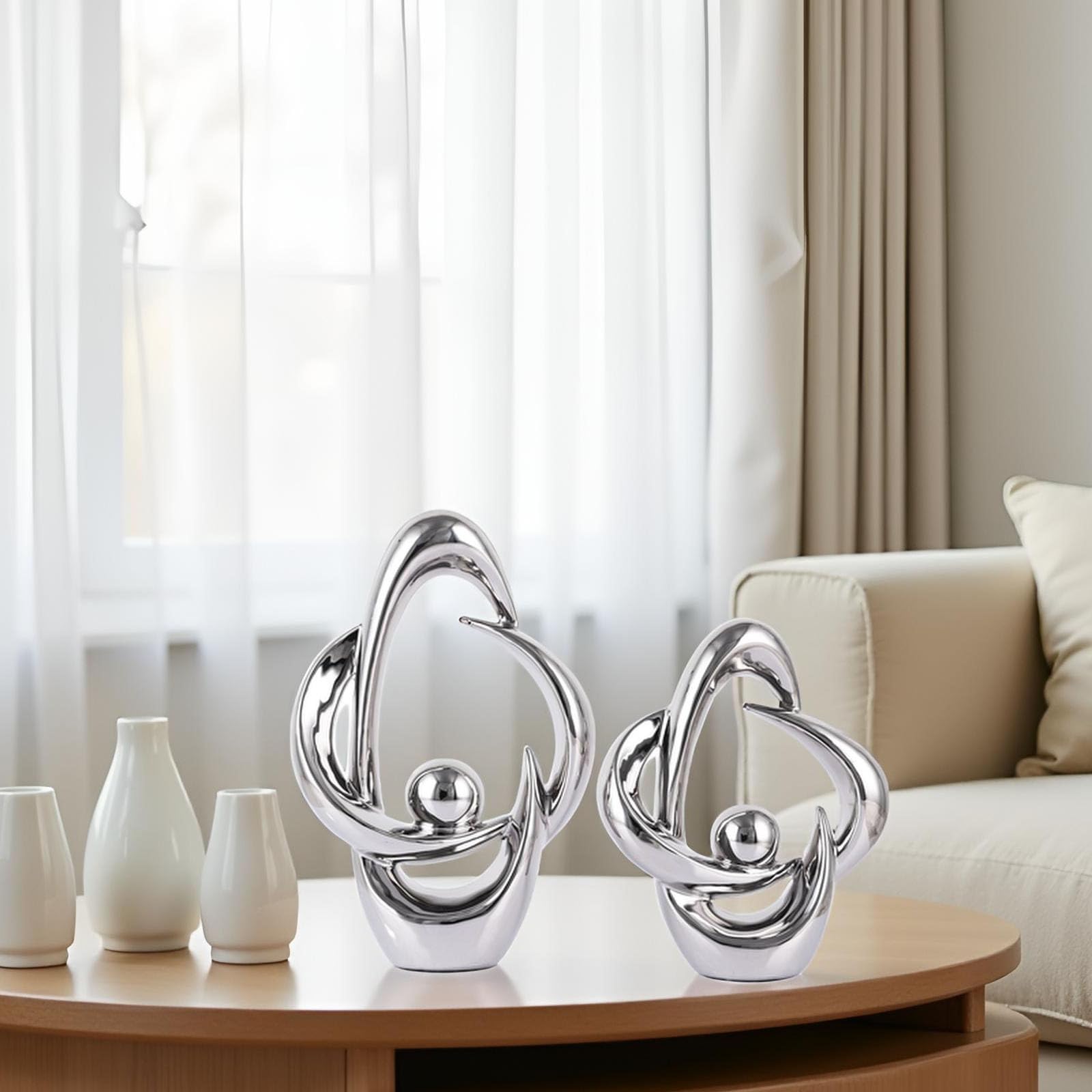 2 statue astratte in ceramica, decorazione moderna di metà secolo, decorazione moderna per tavoli, tavolino da caffè, decorazione per soggiorno, scrivania, sala da pranzo, cucina (argento)