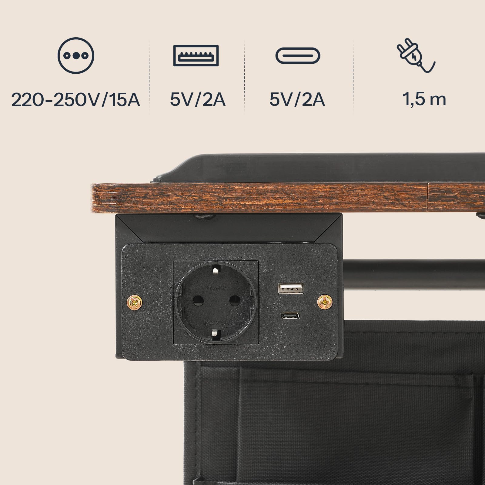HOOBRO Mesa Auxiliar de Altura Regulable Entre 50,5-75,5 cm y Base de Carga, Mesa de Sofá con Tablero Inclinable, Mesita de Noche con Bolsas y Ranura para Tabletas, Marrón Vintage y Negro EBF435CBZ01