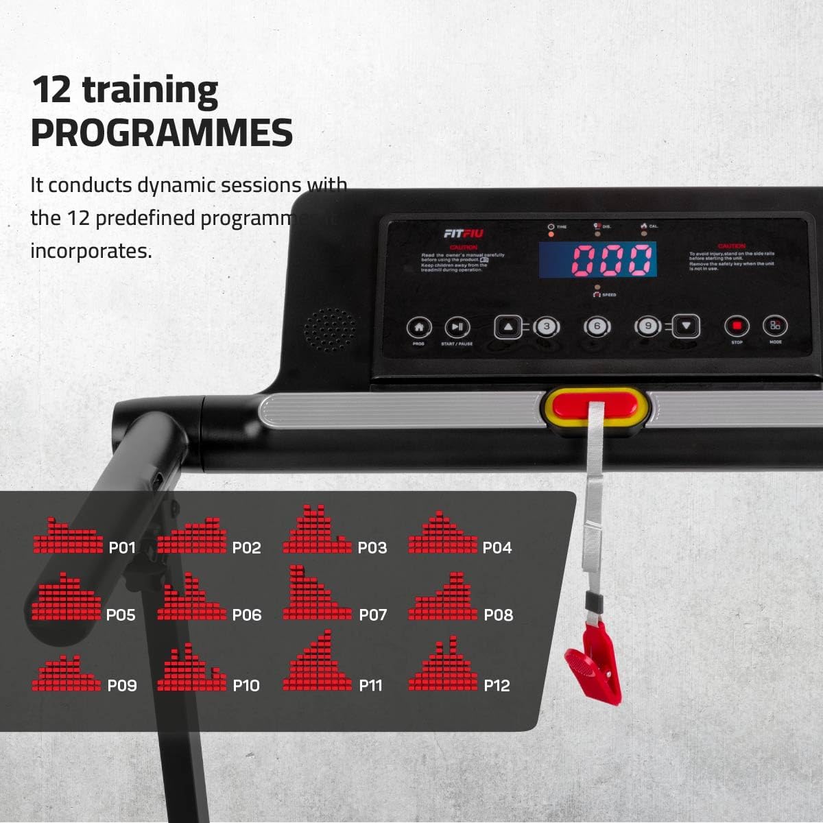 Treadmill console displaying 12 training programs