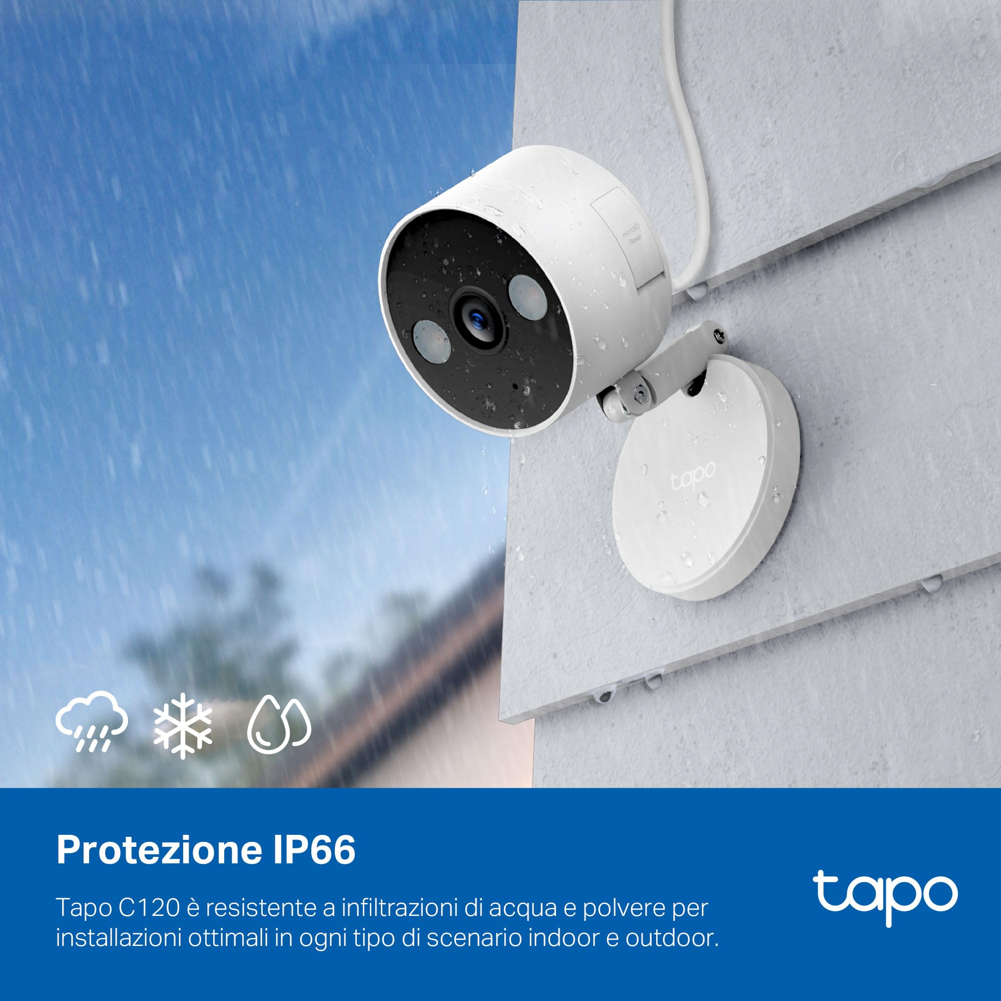 Tapo C120 Telecamera Wi-Fi Esterno & Interno, Videocamera Sorveglianza 2K 4MP, Sicurezza Domestica AI, Visione Notturna, Installazione semplice, Base Magnetica, IP66 Resistente Alle Intemperie, Alexa