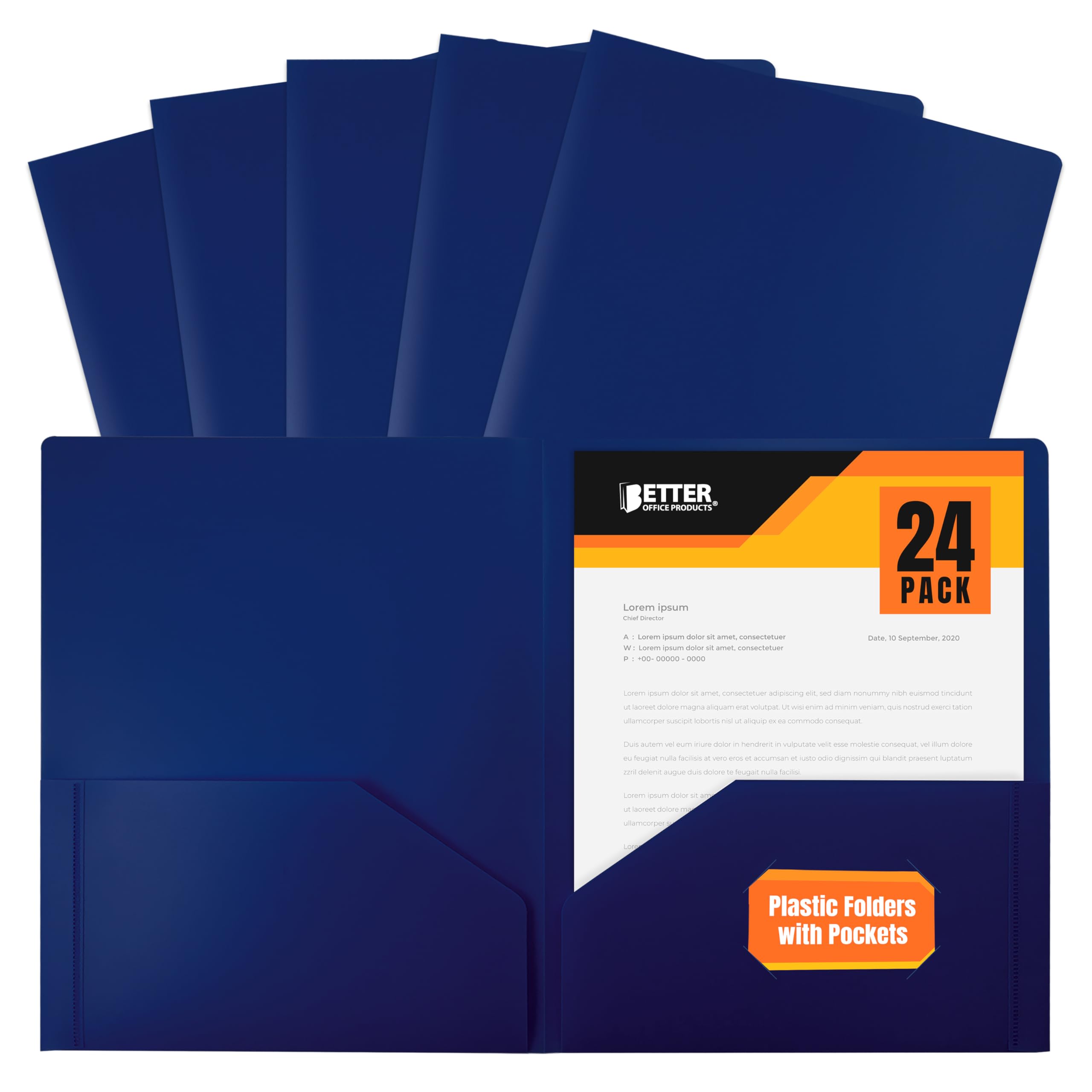 Better Office Products Heavyweight Plastic 2 Pocket Portfolio Folder, Letter Size Poly Folders 24 Pack (Blue)