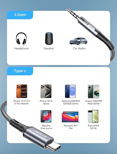 Miniatura 6 de JSAUX Cable USB C a conector auxiliar de audio de 0.138 in de 3.3 pies, USB tipo C a 0.138 in para auriculares estéreo de automóvil, compatible con