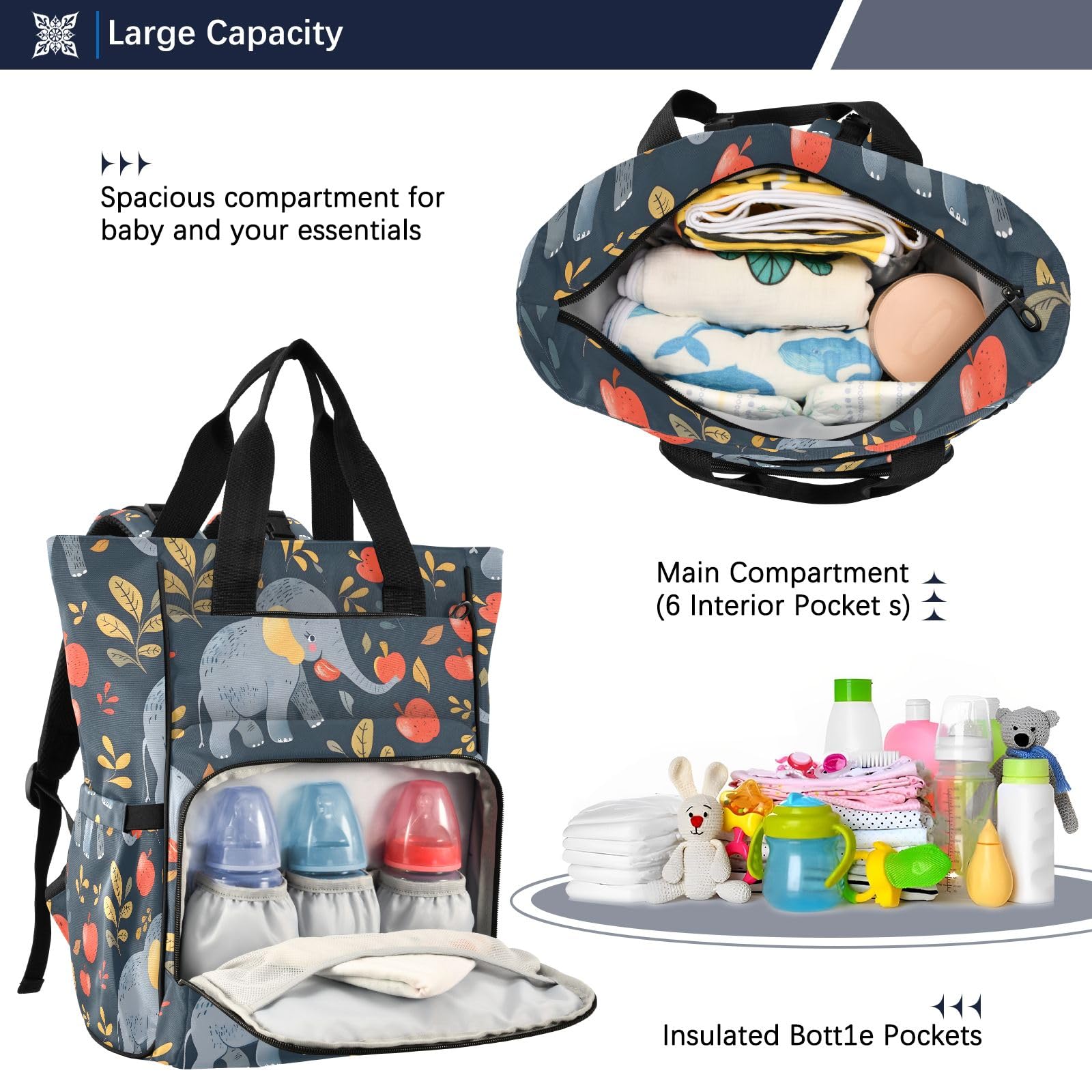 Mnsruu Elefanti e mele Borsa per pannolini per bambini zaino grande borsa impermeabile da viaggio borse per pannolini per mamme e papà