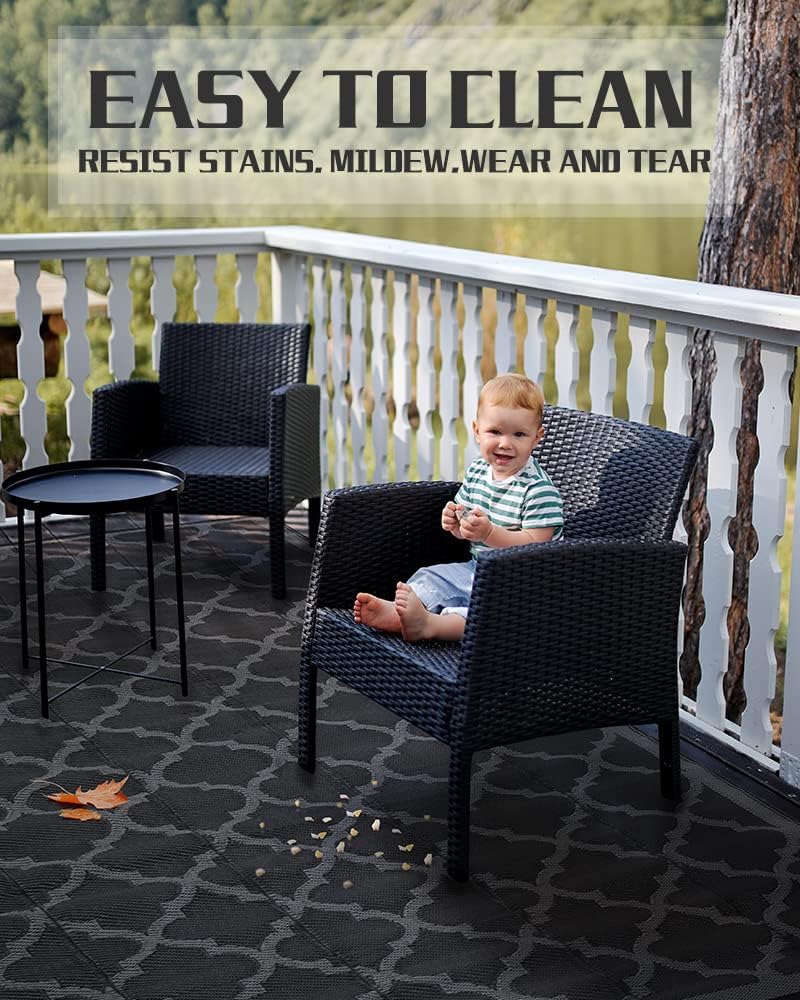 RVOLST Outdoor Rug Carpet Waterproof 9x12 ft-Patio Rug Reversible Portable RV Camping Rug Mat-Plastic Straw Outdoor Rug for Patio Decor Outside Rug for Picnic Balcony-Black and Gray