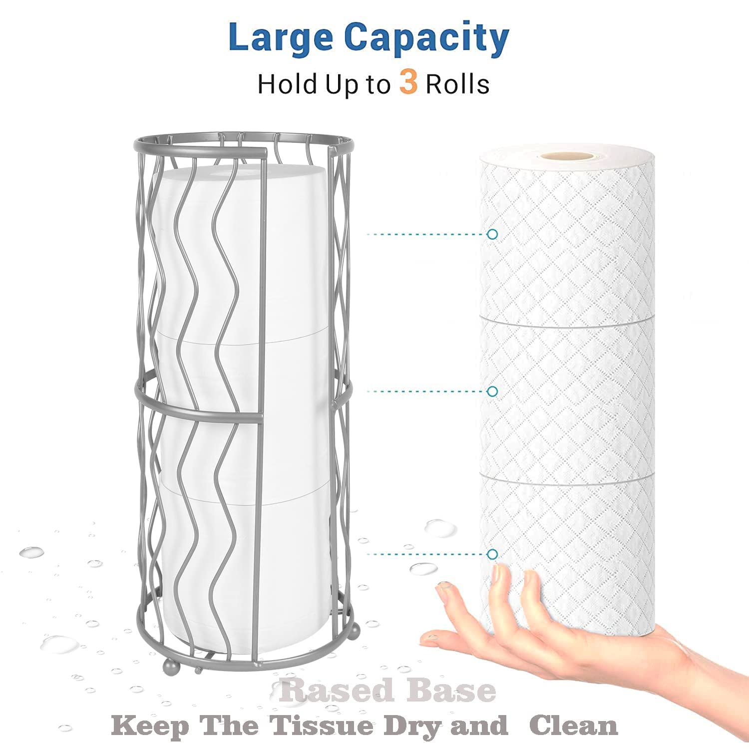 Decorative Metal Standing Toilet Tissue Holder for Bathroom/Powder Room, Compact Tissue Reserve for 3 Rolls of Toilet Paper Grey — Amazon image 3