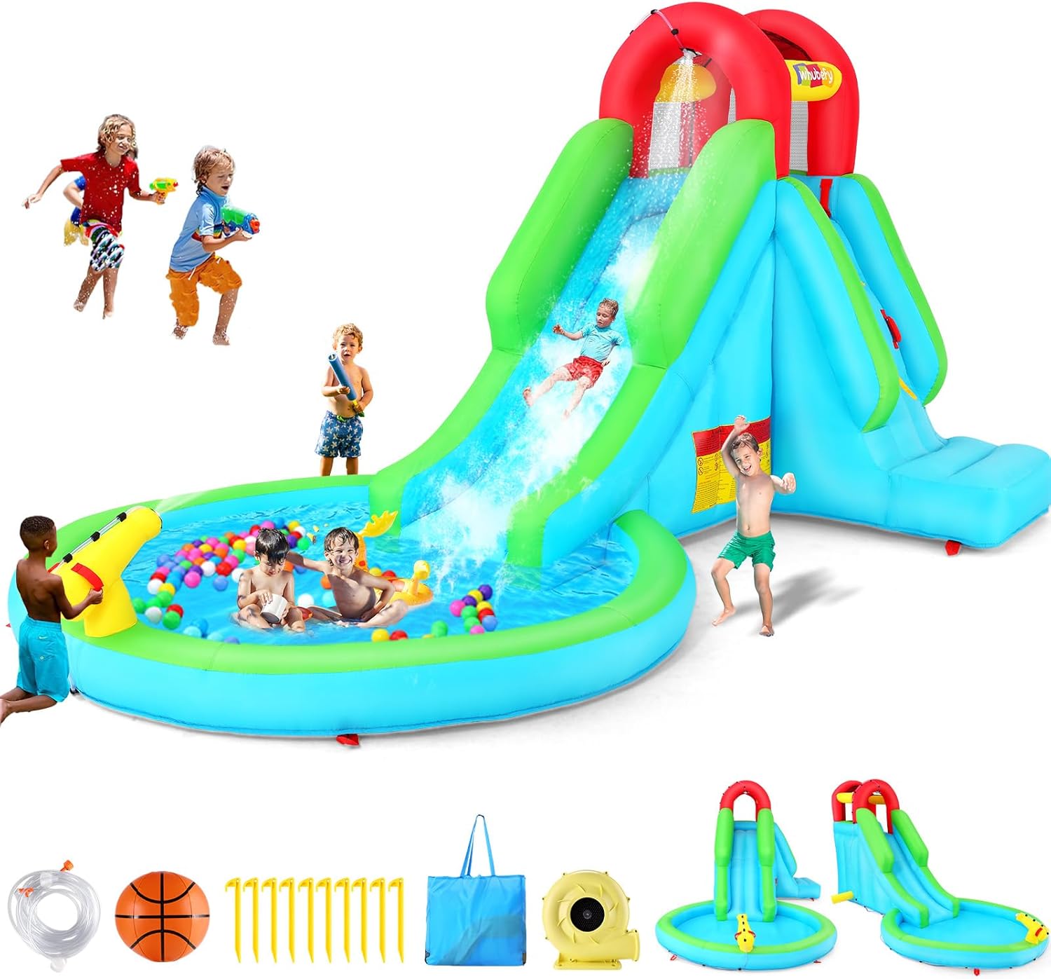 Whubefy Inflatable Water Slide Bounce House,13x8.3ft Blow Up Water Slide for Kids Backyard Water Park with Pool/Slide/Climbing Wall/Water Cannon, Hold 4 Kids, Summer Fun for 3-12, Indoor & Outdoor
