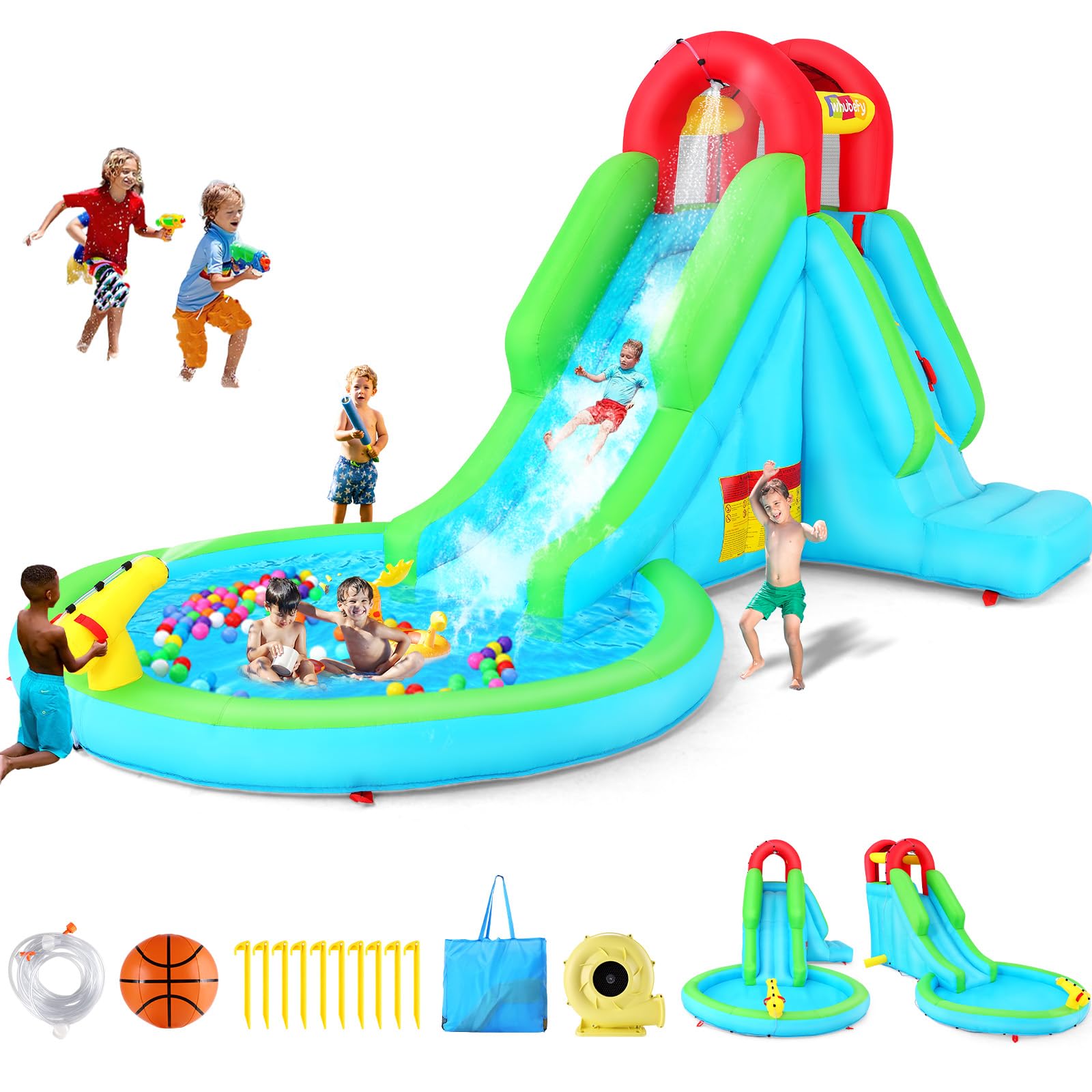 Whubefy Inflatable Water Slide Bounce House,13x8.3ft Blow Up Water Slide for Kids Backyard Water Park with Pool/Slide/Climbing Wall/Water Cannon, Hold