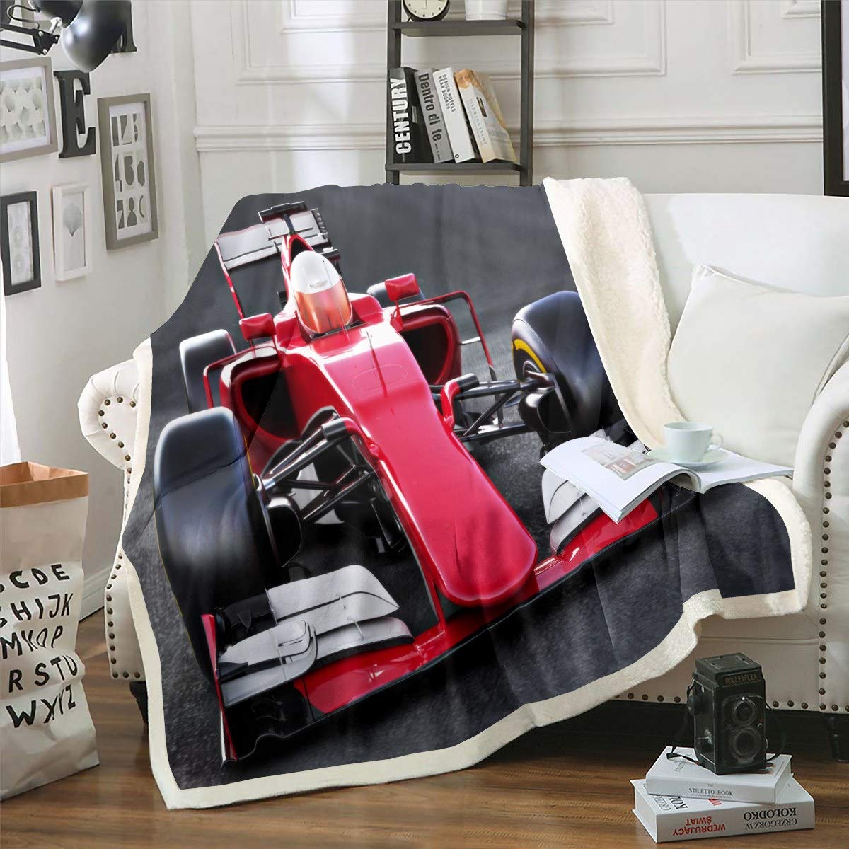 Loussiesd Kart Race Sports Car Fleece Throw Blanket Extreme Sports Theme Sherpa Blanket for Sofa Bed Couch Car Sports Competition Decor Flannel Blanket King 87"*94" — image 1