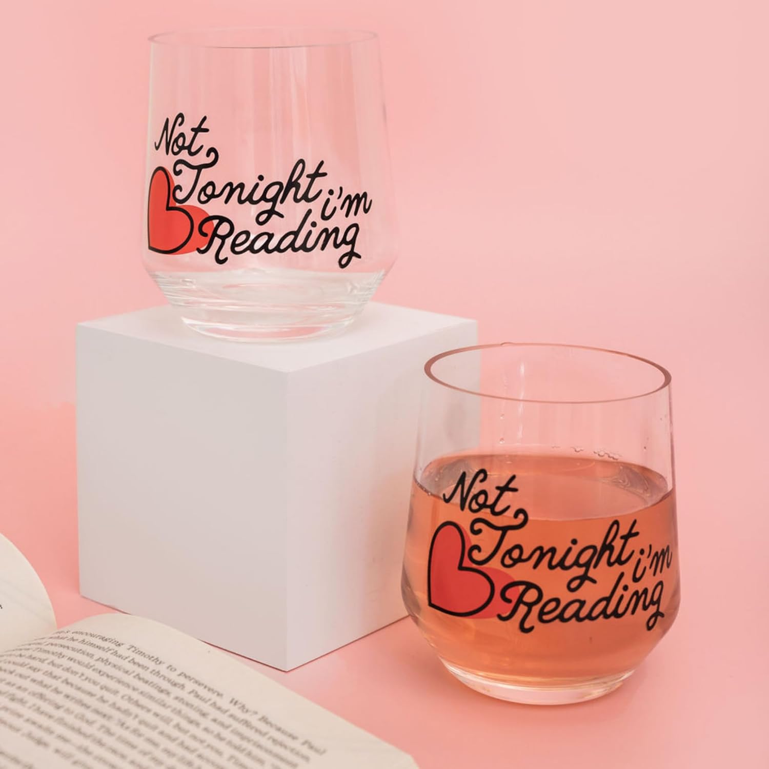 Steel Mill & Co Stemless Wine Glass Set of 2, Large Acrylic Wine Glasses, 12 Ounce Plastic Cocktail Cups for Indoor/Outdoor, Not Tonight I'm Reading