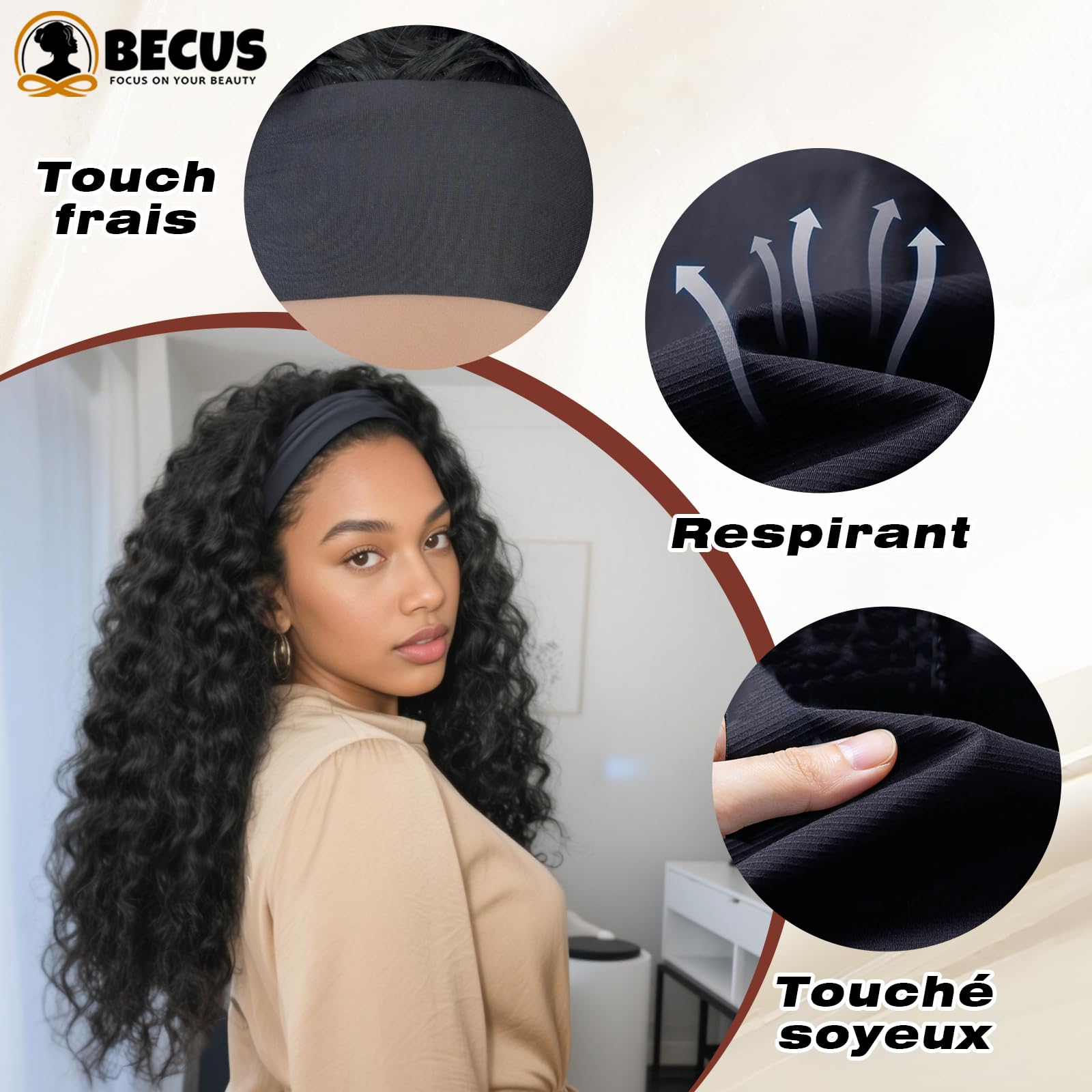 BECUS Perruque Bandeau Femme Bouclée Noire Naturelle 18 Pouces, Headband Wig Demi-Tête Sans Colle avec Bandeau, Aspect Naturel, Prête à Porter pour Usage Quotidien, Fêtes, Soirées et Débutantes