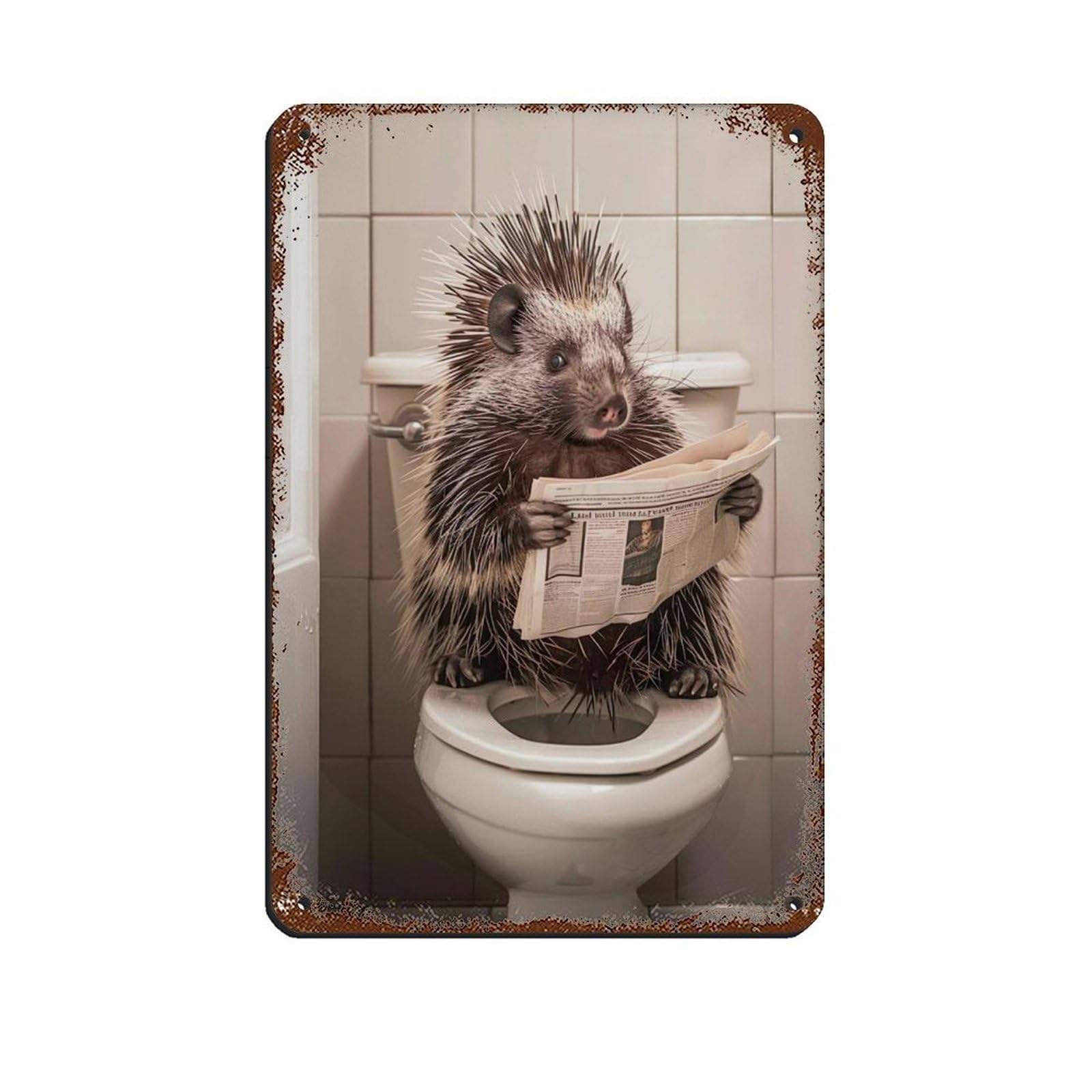 Porcupine Sitting on The Toilet Reading A Newspaper (11) Retro Poster Metal Tin Sign Chic Art Retro Iron Painting Bar People Cave Cafe Family Garage Poster Wall Decoration 8x12inch(20x30cm)