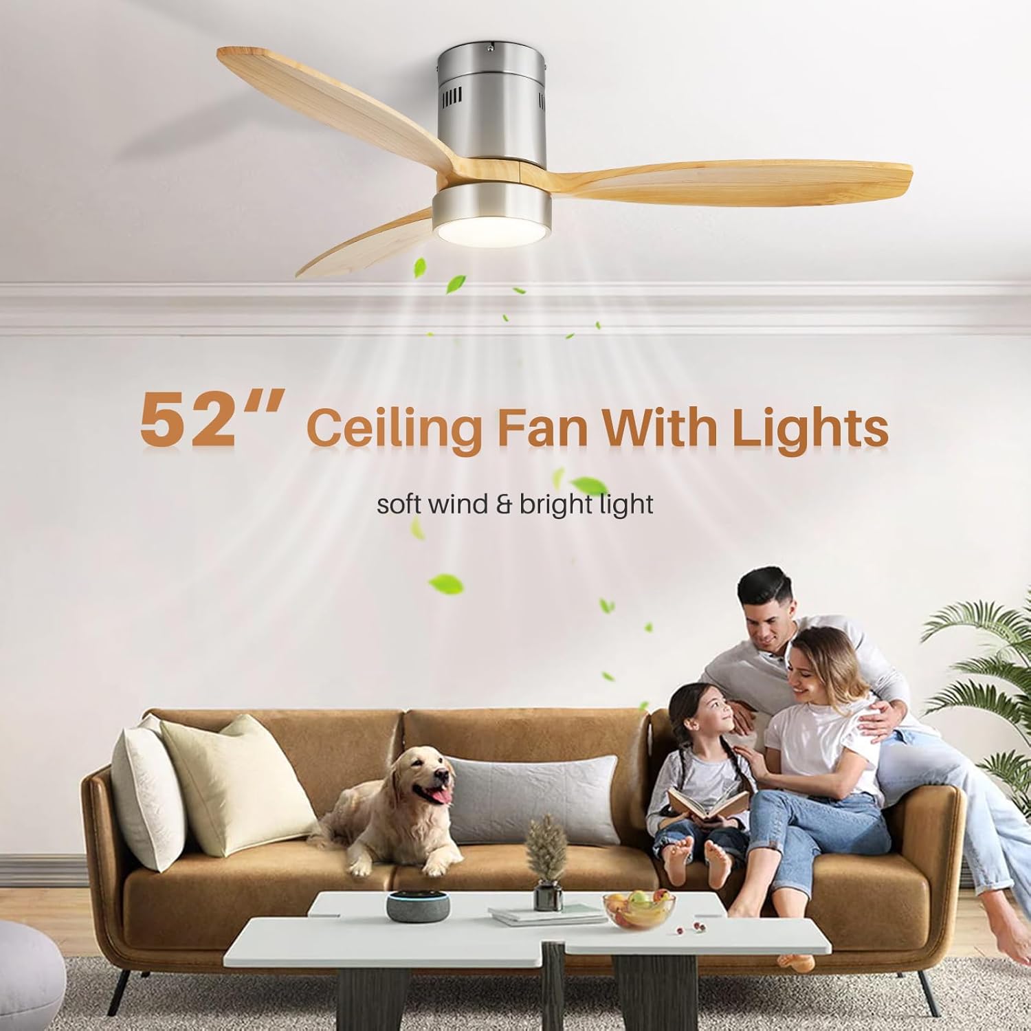 Sofucor 52 inch Low Profile Ceiling Fans with Lights and Remote, Modern Flush Mount Bedroom Ceiling Fan for Living Room/Farmhouse/Patio/Indoor/Outdoor, Reversible DC Motor, Sandy Nickel&Natural Wood