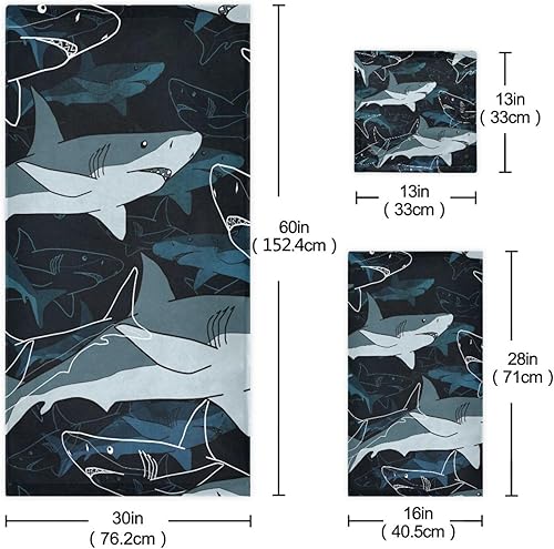 Miniatura 3 de IIASOL Juego de 3 toallas de baño con diseño de mar con tiburones, juego de 3, toallas súper suaves, 1 toalla de mano, 1 toalla de baño, toallas
