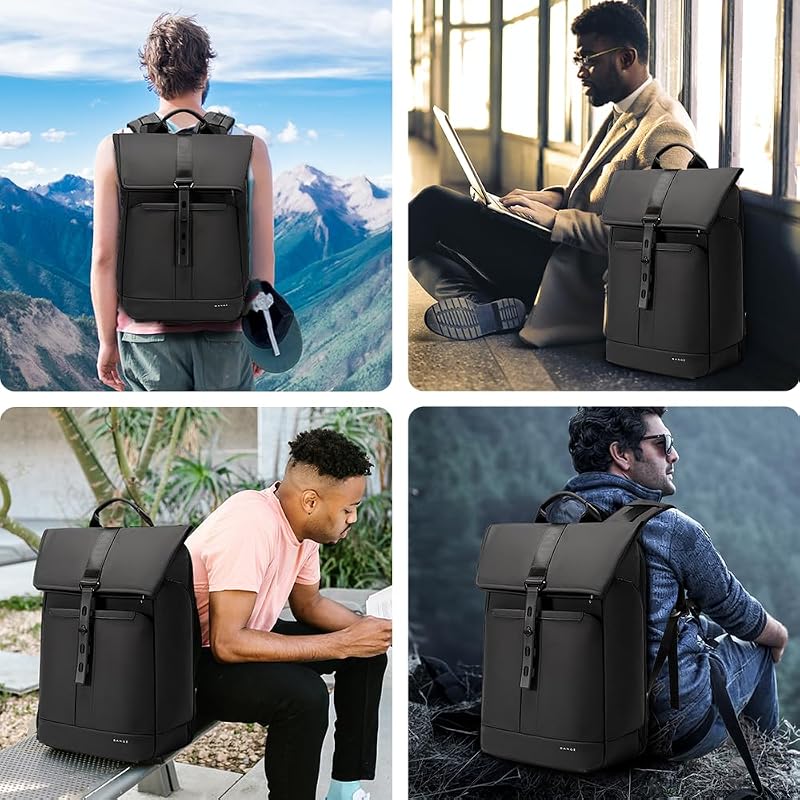 BANGE 2888 Roll Top Hátizsák 15,6" Laptophoz - Vízálló, Lopásbiztos Táska Utazáshoz, Túrázáshoz, Iskolába és Munkába - Fekete