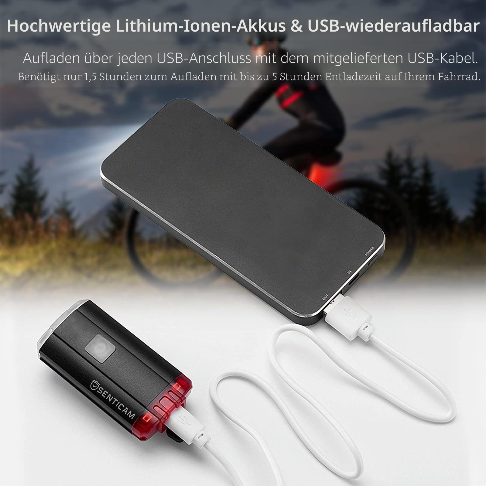 Licht, wiederaufladbar über USB, Dual-Front- und Heck-Licht, IPX3, wasserdicht, tragbare Taschenlampe für alle Rennradfahrer
