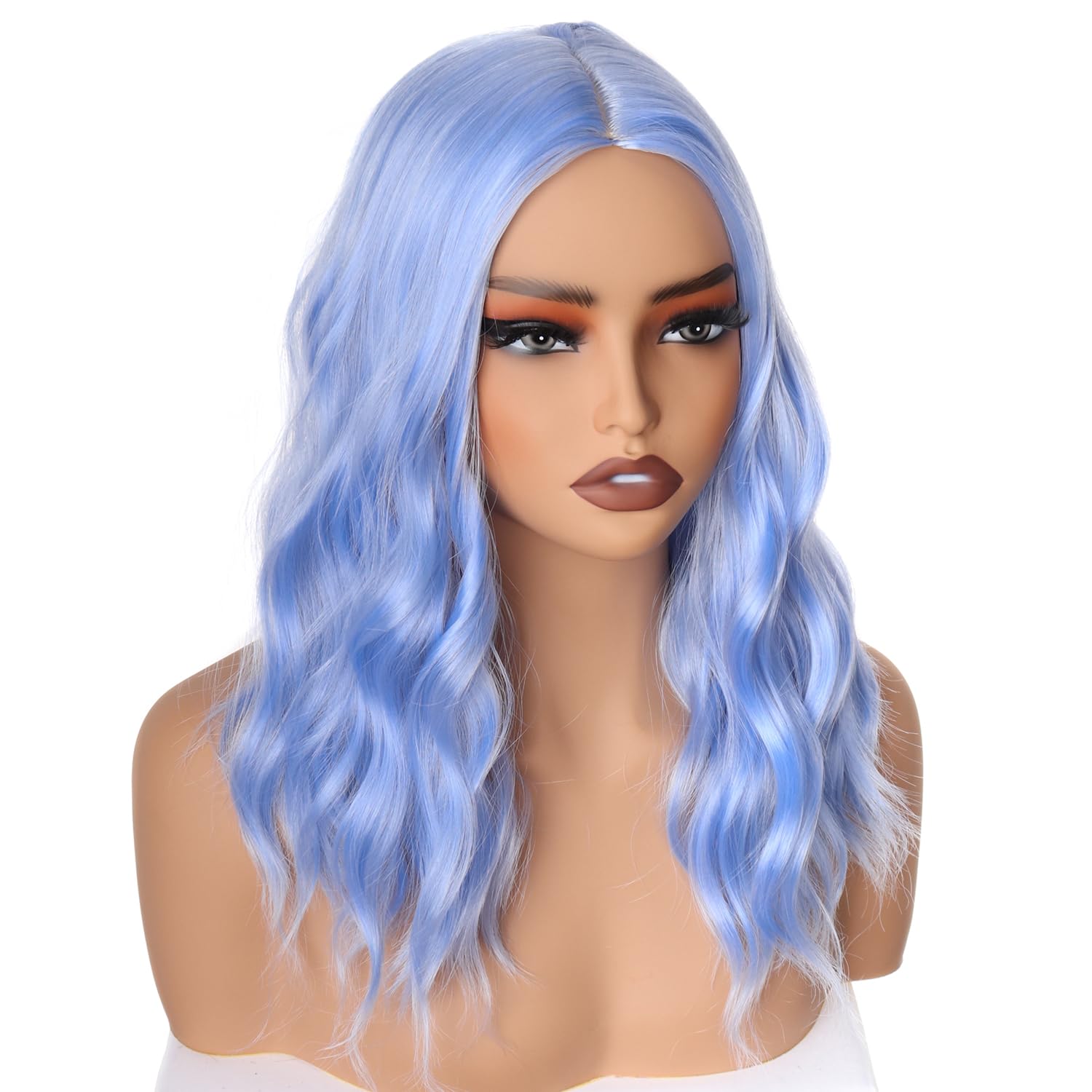 PORSMEER Short Wavy Curly Light Blue Bob Wig Middle Part for Women Girls Beach Wave Wigs for Daily Cosplay Costume Party,Carolina blue - Image 2