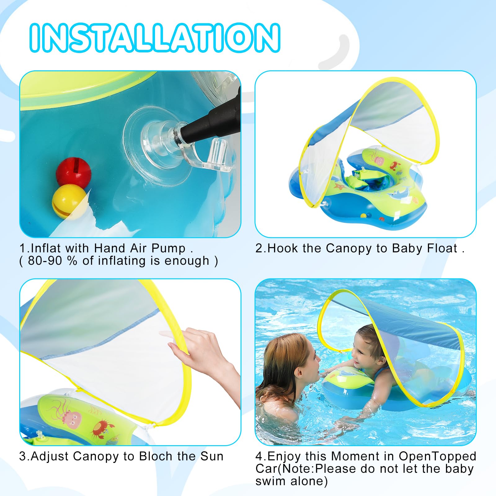 Baby Schwimmring mit abnehmbarem Sonnenschutz und Glöckchen, inklusive 1 x Handpumpe und 2 x Reparaturaufklebern. Kinderfreundliches Design, geeignet für Kleinkinder von 6–36 Monate