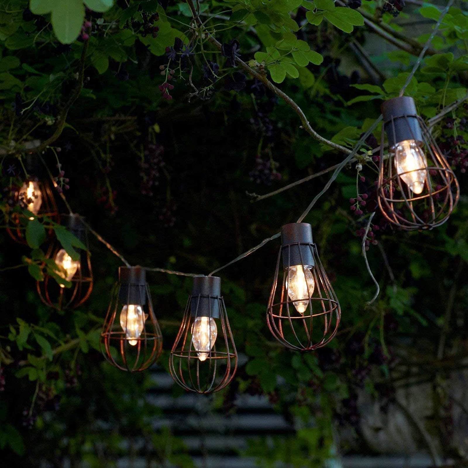 KEEDA Solar 10 LED Rust Iron Cage Bulb String Lights, Waterproof Retro Hanging Lanterns Outdoor Lighting for Garden Patio Porch Terrace Bar Cafe Decorations