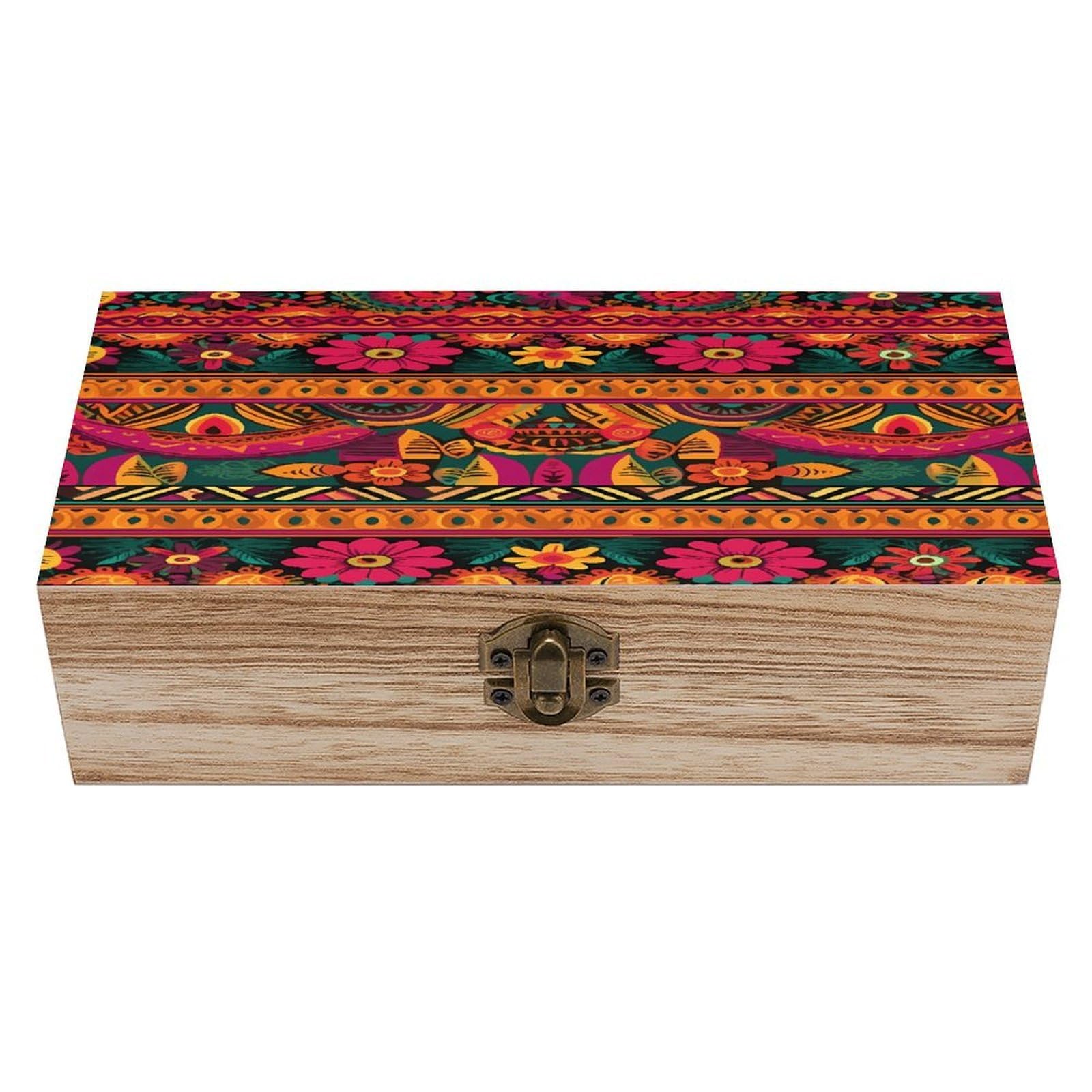 FekiLoot Natural Wooden Keepsake Box with Hinged Lid, 8x4 Inch Mexican Folk Art Boho Memory Box, Wood Jewelry Organizer & Trinket Holder, Gift for Men Women Anniversary Wedding