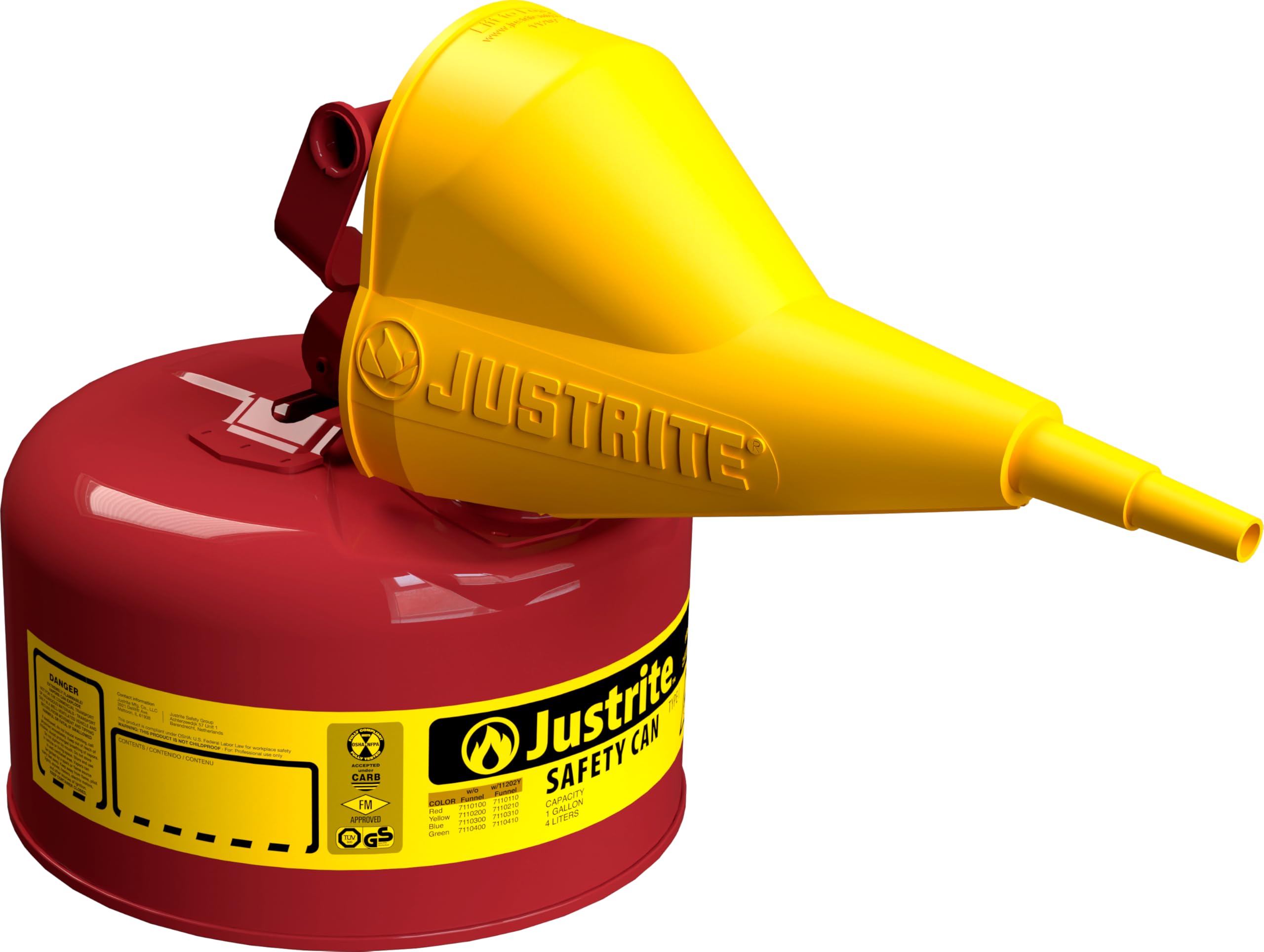 Justrite 1 Gallon Type I Red Safety Gas Can for Gasoline with Flame Arrester, Self-Closing Lid, and Funnel, Made in the USA, Galvanized Steel Flammable Storage Can, 7110110