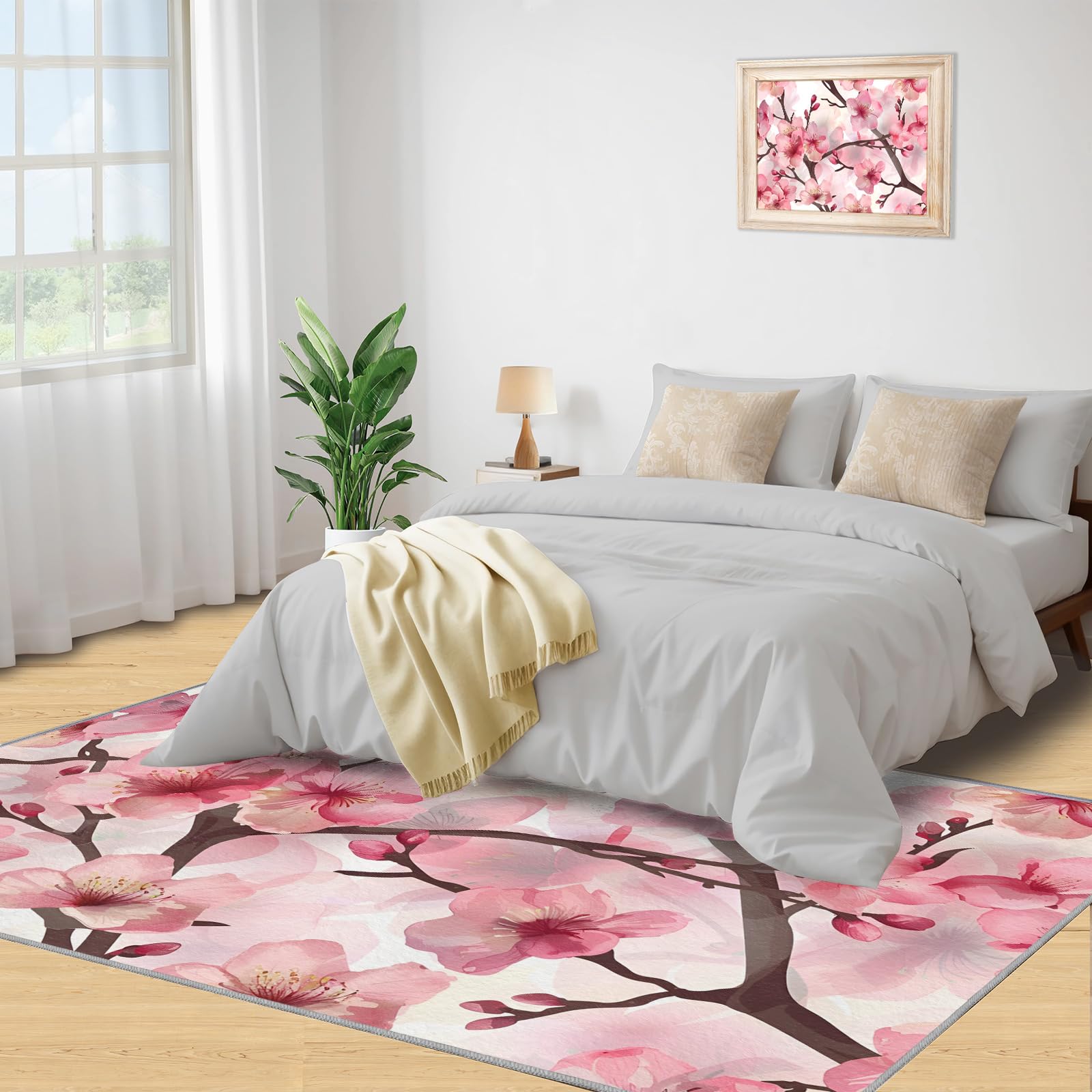Tapis à fleurs de cerisier pour chambre de fille - 180 x 200 cm - Antidérapant et lavable - Motif japonais - Tapis doux à poils courts - Rose - Motif floral botanique