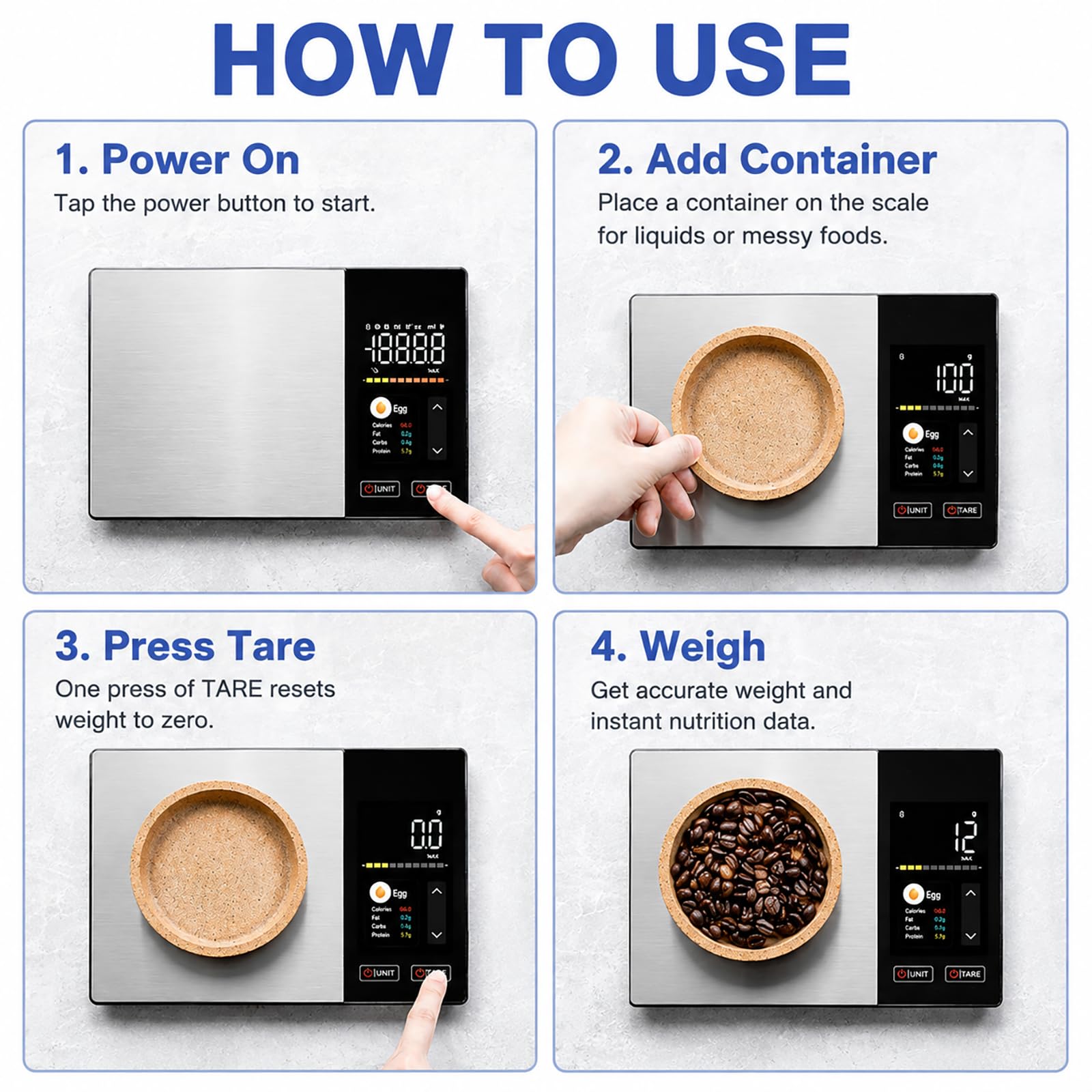 Balance alimentaire intelligente avec calculatrice nutritionnelle, application gratuite et affichage couleur, balance de cuisine numérique pour suivi des calories, des glucides, des graisses et des