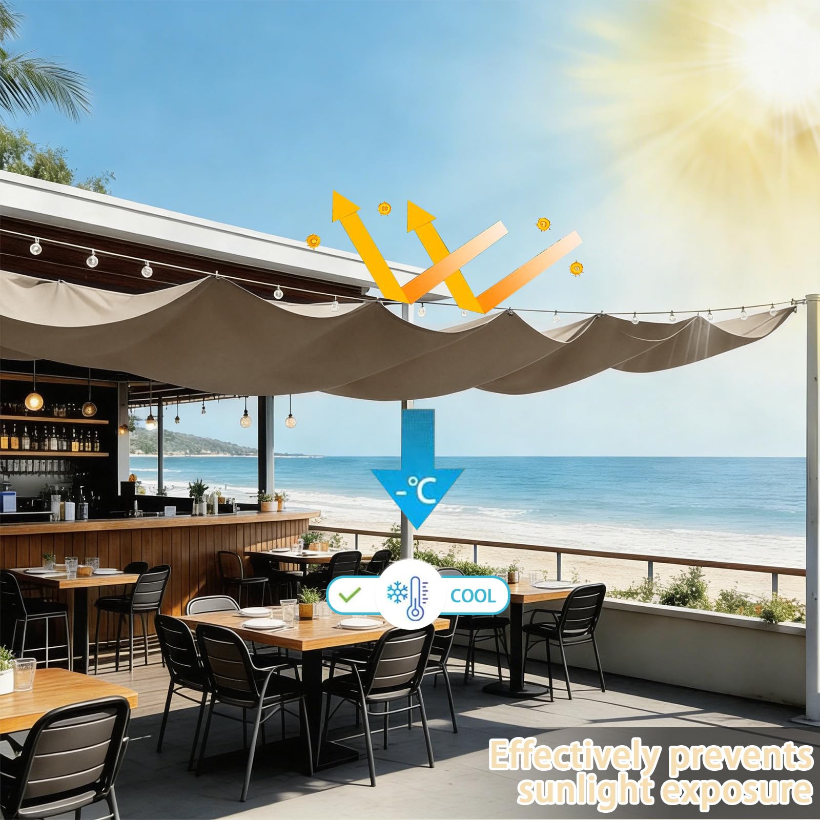 Einziehbare Welle Sonnensegel, Verstellbar Schattenabdeckung, Sonnenschutz Wasserdicht Outdoor Wellenmarkise mit Ösen und Kordel für Balkon Terrasse Garten-Khaki||350x400cm