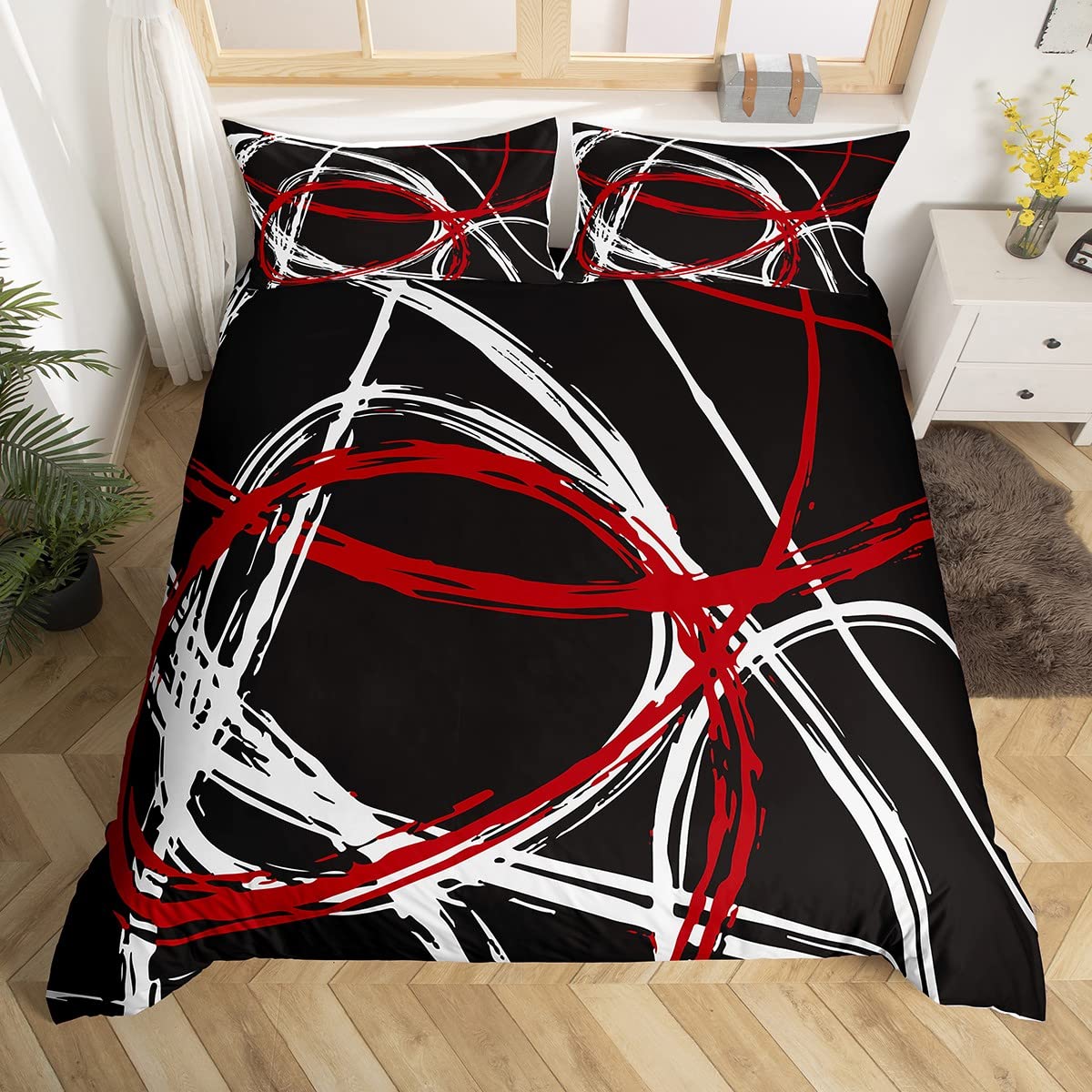 Loussiesd Red and Gray Black White Bedding Duvet Cover Set Kids Modern Abstract Geometric Bedding Set Women Men Trippy Swirl Decor Comforter Cover Set Microfiber Stripe Line Bedroom Double Size