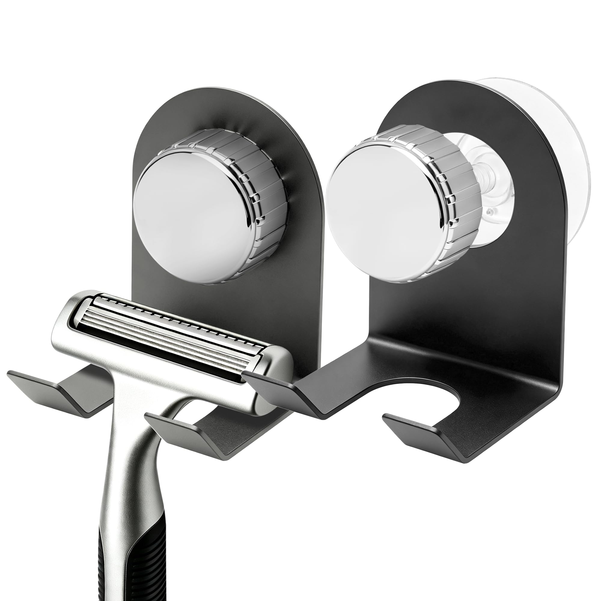 Yurifaz 2-Pack 2-in-1 Suction & Self Adhesive Dual-Hook Shower Razor Holder Stand, No Drill Wall Mounted for Bathroom Kitchen, Holds Razors, Body Shavers, Plugs, Towels, Gunmetal Black
