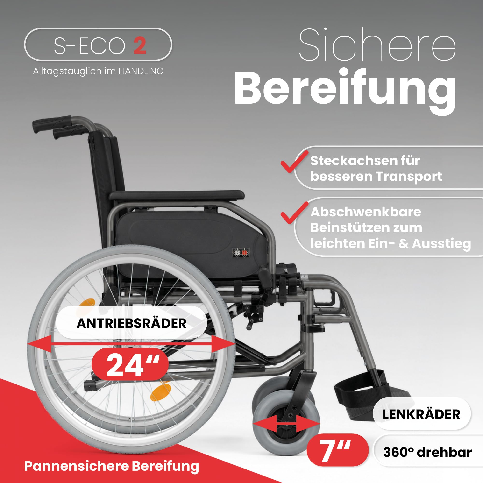 Bischoff & Bischoff® S-Eco 2 Rollstuhl faltbar leicht [52cm Sitzbreite] fixe Sitzhöhe - Klappbarer Reiserollstuhl, Kunststoff-Gabel, Duo-Armlehnen, Wohnung & Unterwegs