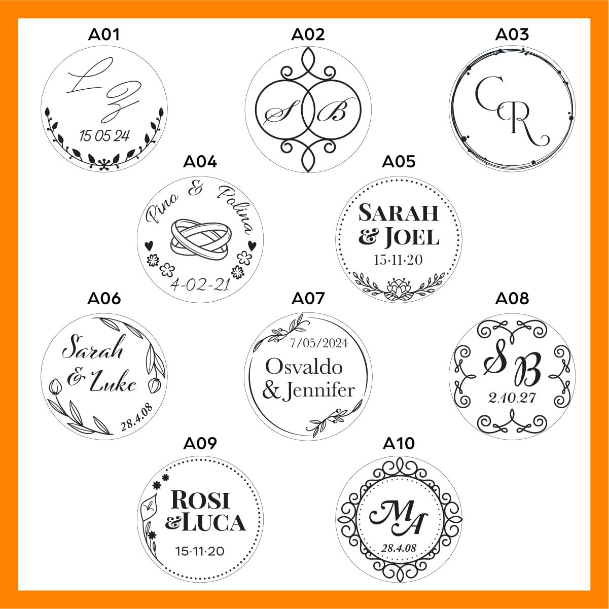 Timbro Rotondo Autoinchiostrante Personalizzato – Wedding & Eventi – Ø 50 mm – Seleziona Modello e Inserisci Testo (Mod. A07)