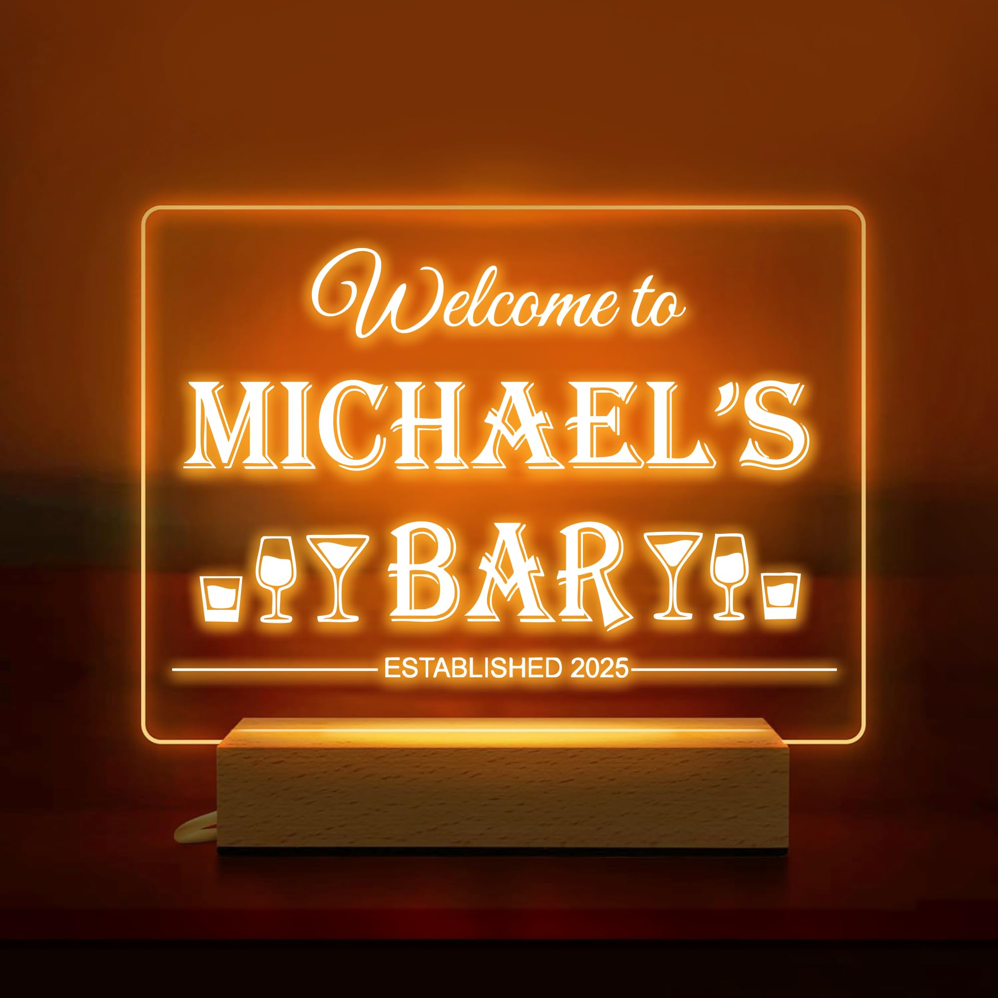 Personalized Bar Gifts for HOME BAR, Custom Name Date Acrylic Light Up Signs, Customized Acrylic Plaque with Night Light, Personalized Night Light for Man Cave